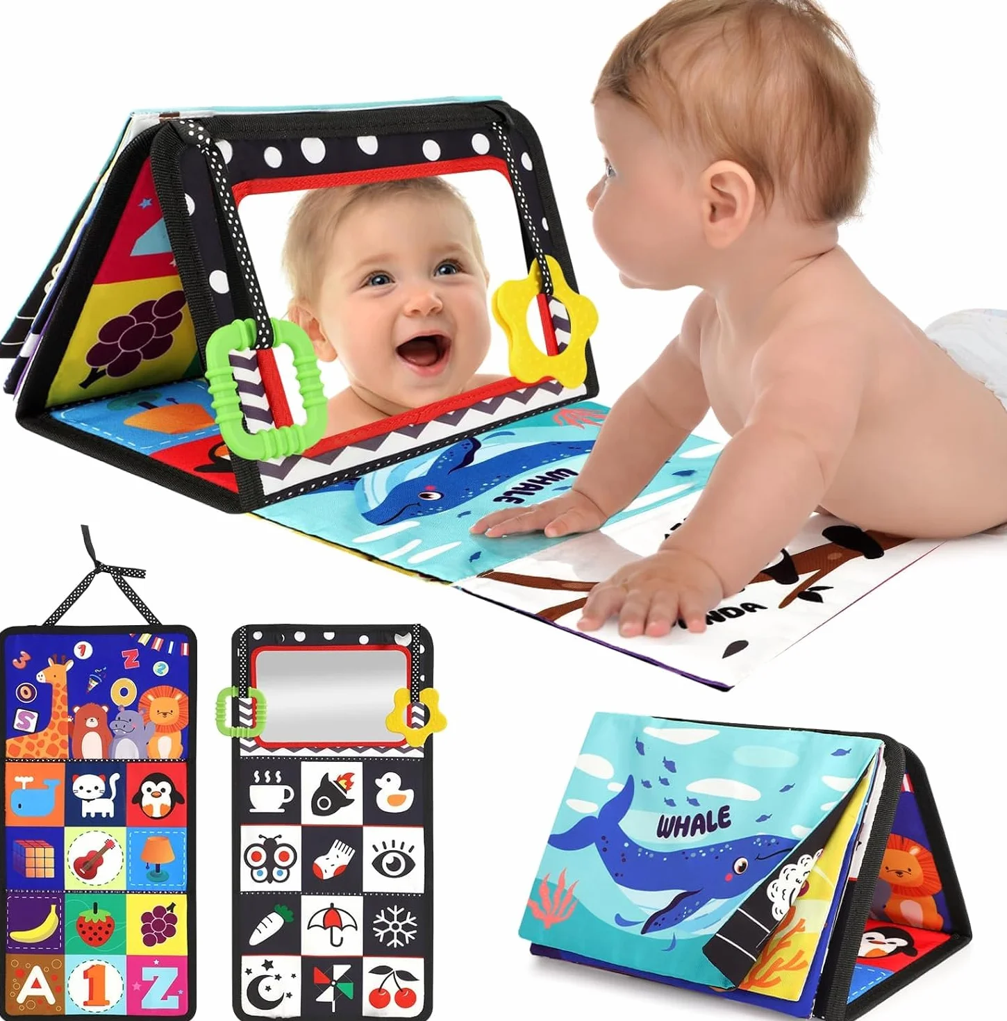 URMYWO Jouet Bebe 0-12 Mois Miroir d'Éveil Pliable Montessori Noir et Blanc à Motifs Contrastés
