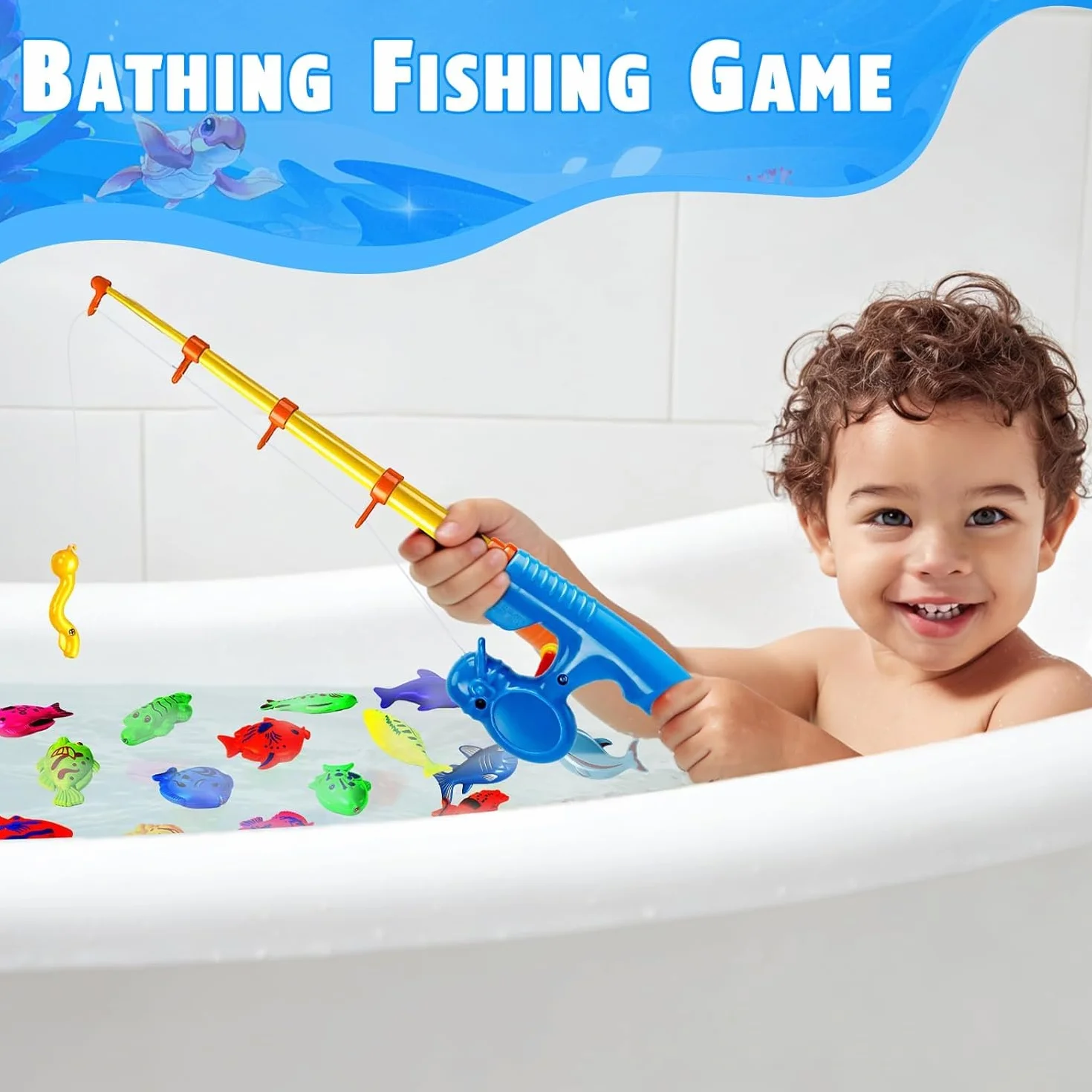 Jouet de Pêche Aquatique Éducatif 3+ Ans avec 30 Animaux Flottants Set Magnétique 2 Cânes & 2 Épuisettes