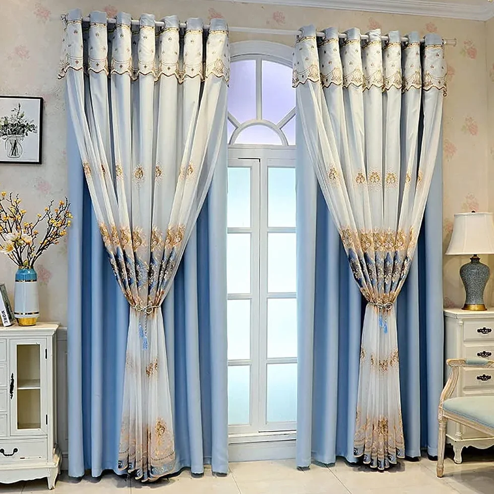 Rideaux occultants double couche dentelle brodés 167x213 cm bleu