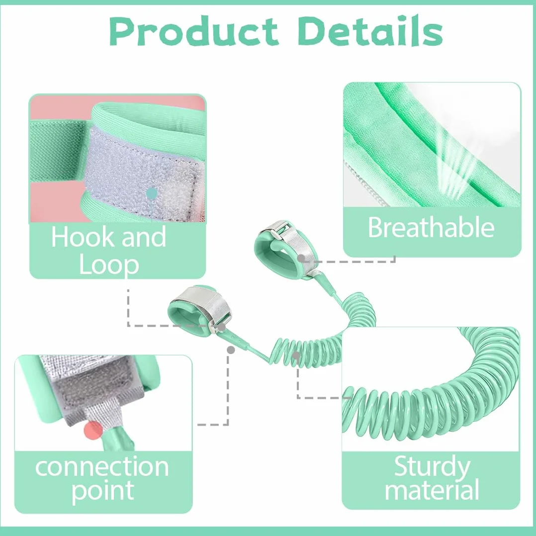 Laisse de Sécurité pour Enfants 2M Anti-perdu Bracelet Harnais Bébé Rotation 360° Rose Vert