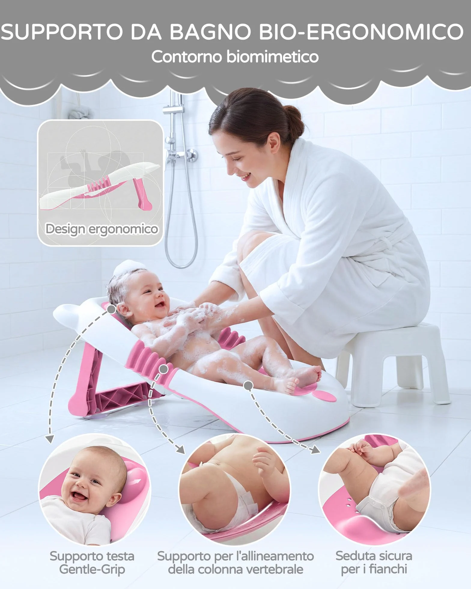Baignoire pliable pour bébé avec support, siège de bain nouveau-nés, ventouses antidérapantes 0-6 mois