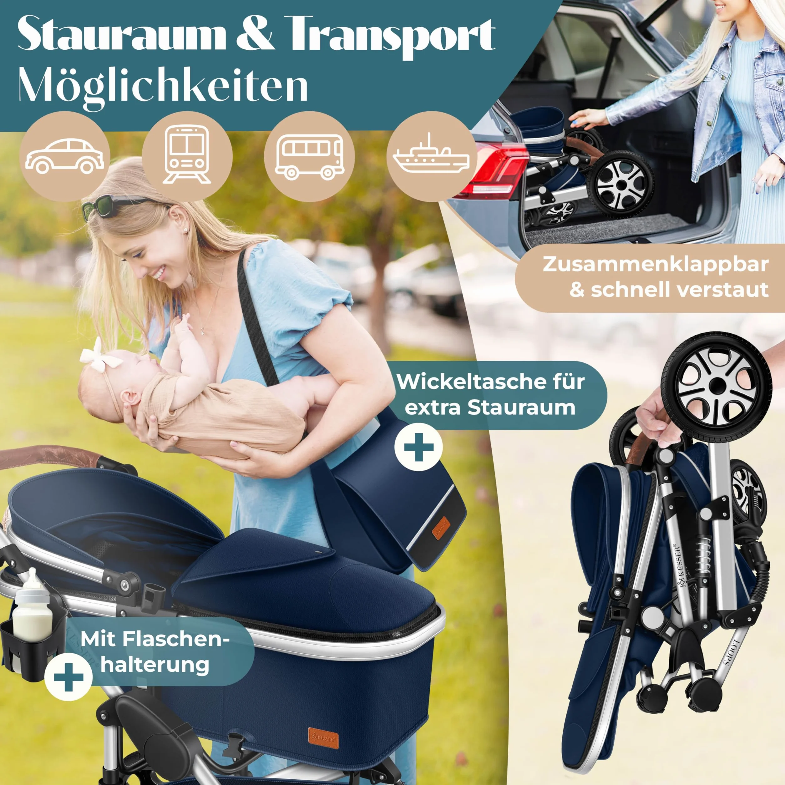 KESSER Ensemble poussette combinée 4 en 1 nacelle siège pneus caoutchouc plein ECE R129 Bleu Argent