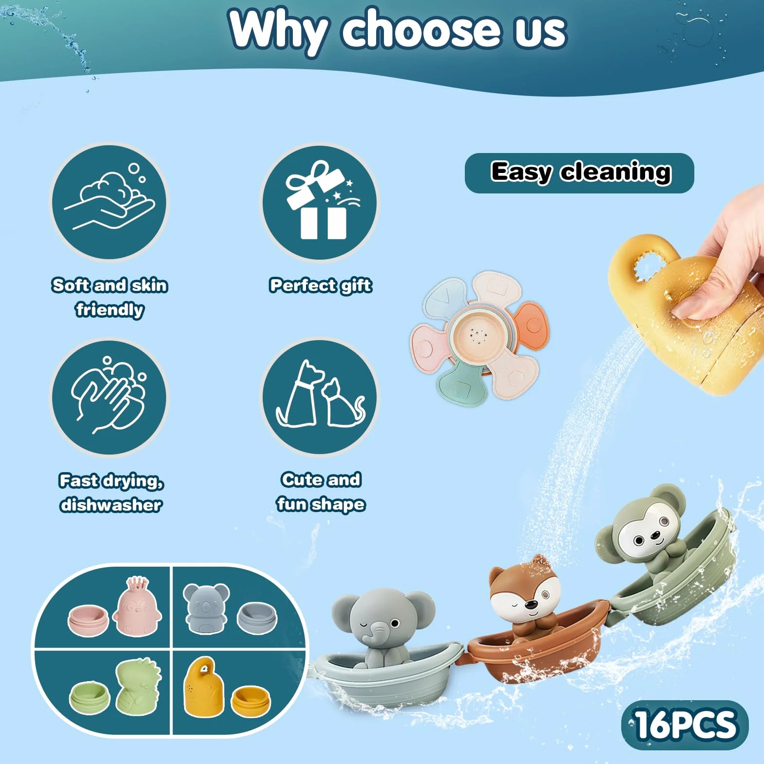 Jouets de Bain Bébé Silicone Lot de 16 Animaux Aspergeurs Empilables 1 2 3 Ans