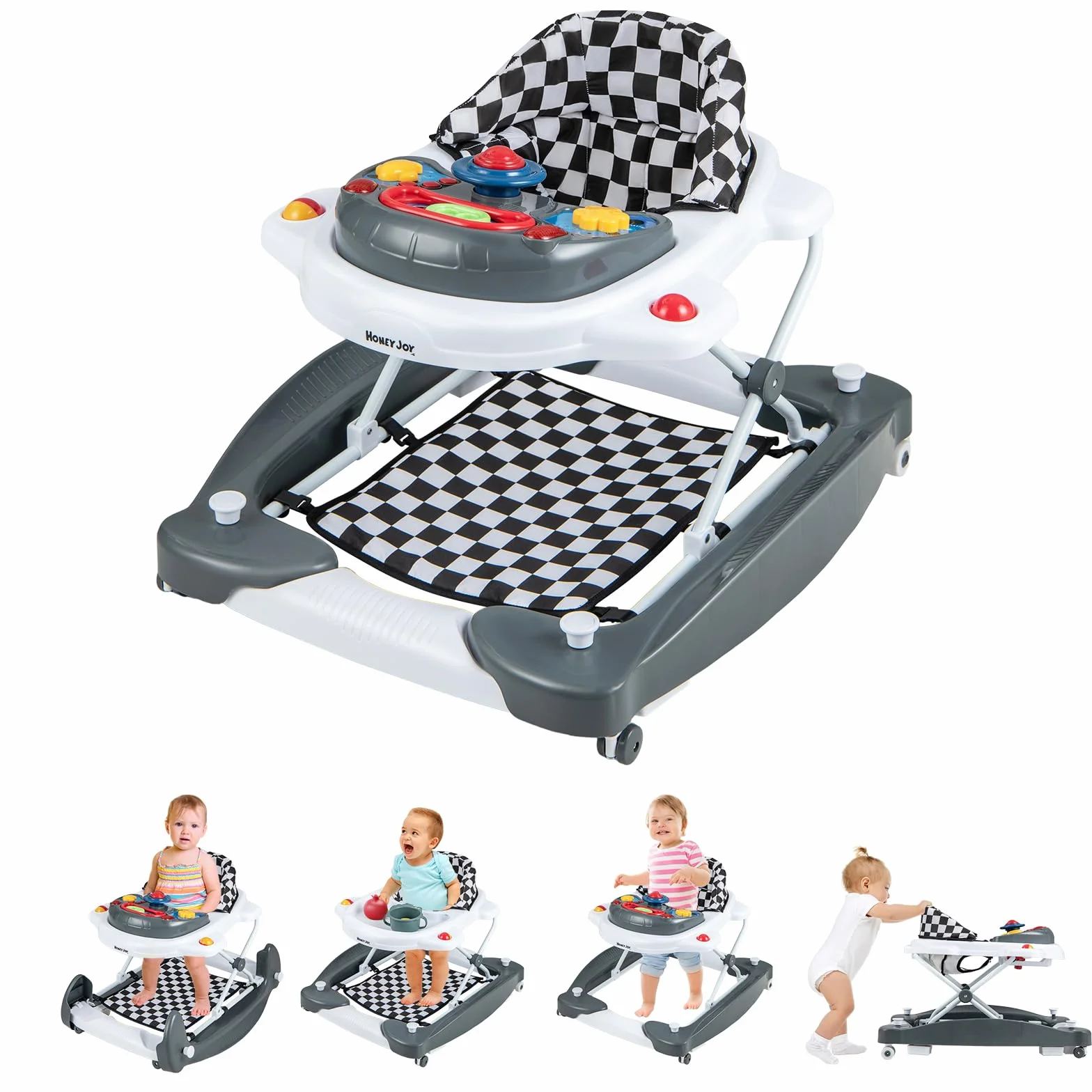 GOPLUS Trotteur Bébé Évolutif 6 en 1, Pliable avec 3 Hauteurs Réglables, Lumières, Musique, Charge 12KG, pour 6+ Mois, Gris