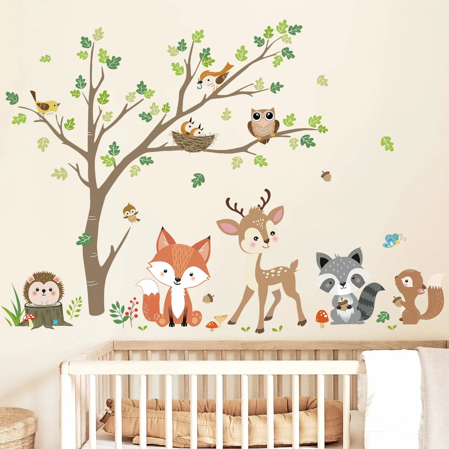 Stickers Muraux Animaux Forêt Arbre Autocollant Mural Renard Cerf Hibou Décoration Murale Chambre Enfants