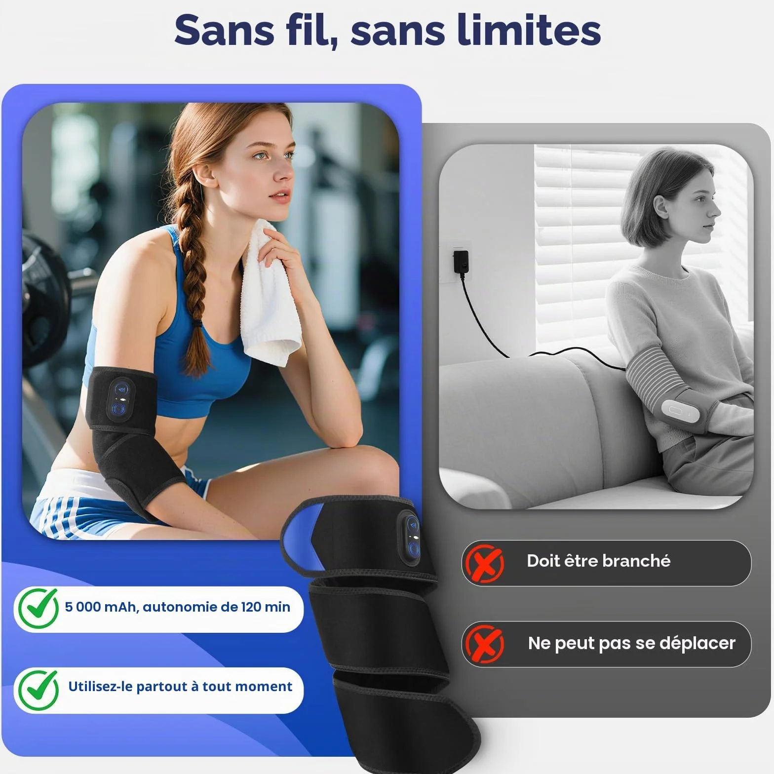 Coussin chauffant sans fil pour bras coude jambe 5000 mAh chauffage rapide 3 réglages chaleur durée