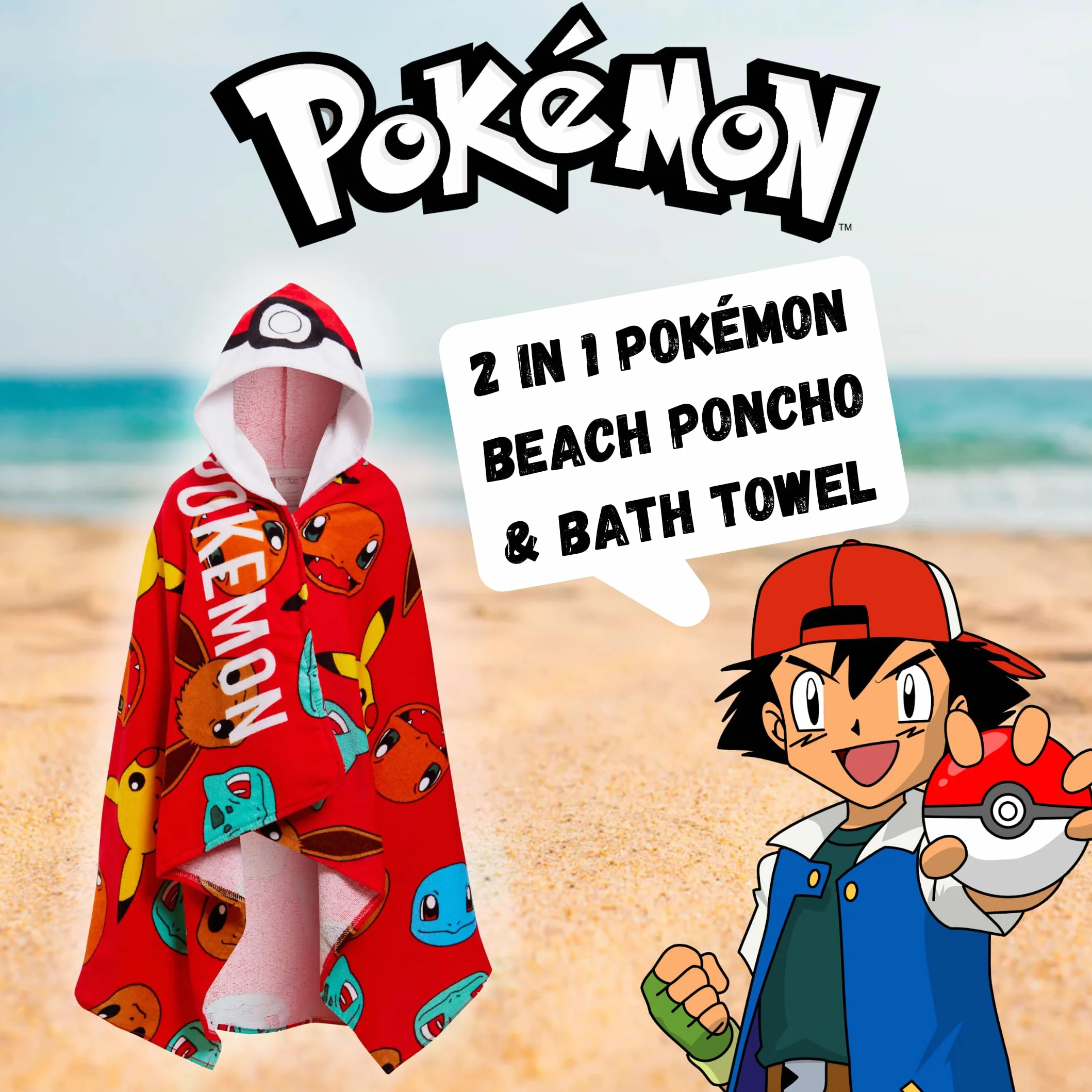 Pokémon Serviette à Capuche 100% Coton Enfants Poncho Pokeball Pikachu Plage Bain Wrap