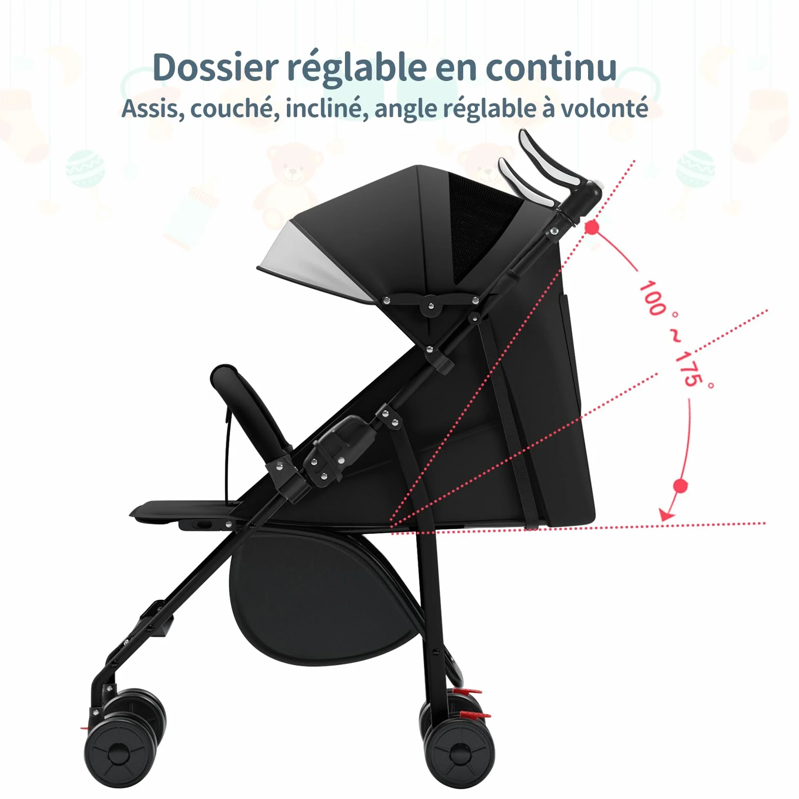 Poussette Canne Compacte 0-4 Ans Légère Pliable Une Main Dossier Inclinable Harnais 5 Points Auvent Moustiquaire 15 kg