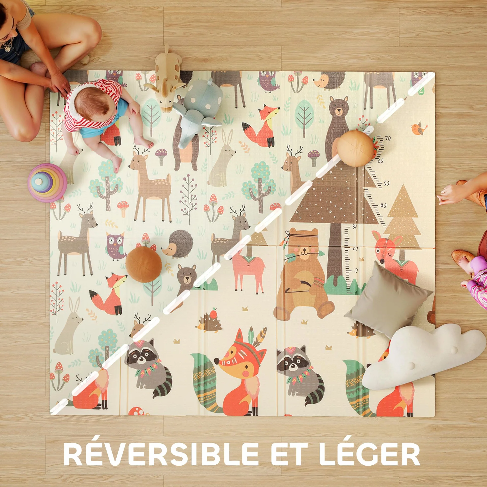 AIYAPLAY Tapis de jeu bébé pliable réversible 196 x 176 x 1,5 cm mousse épais antidérapant imperméable motif animaux