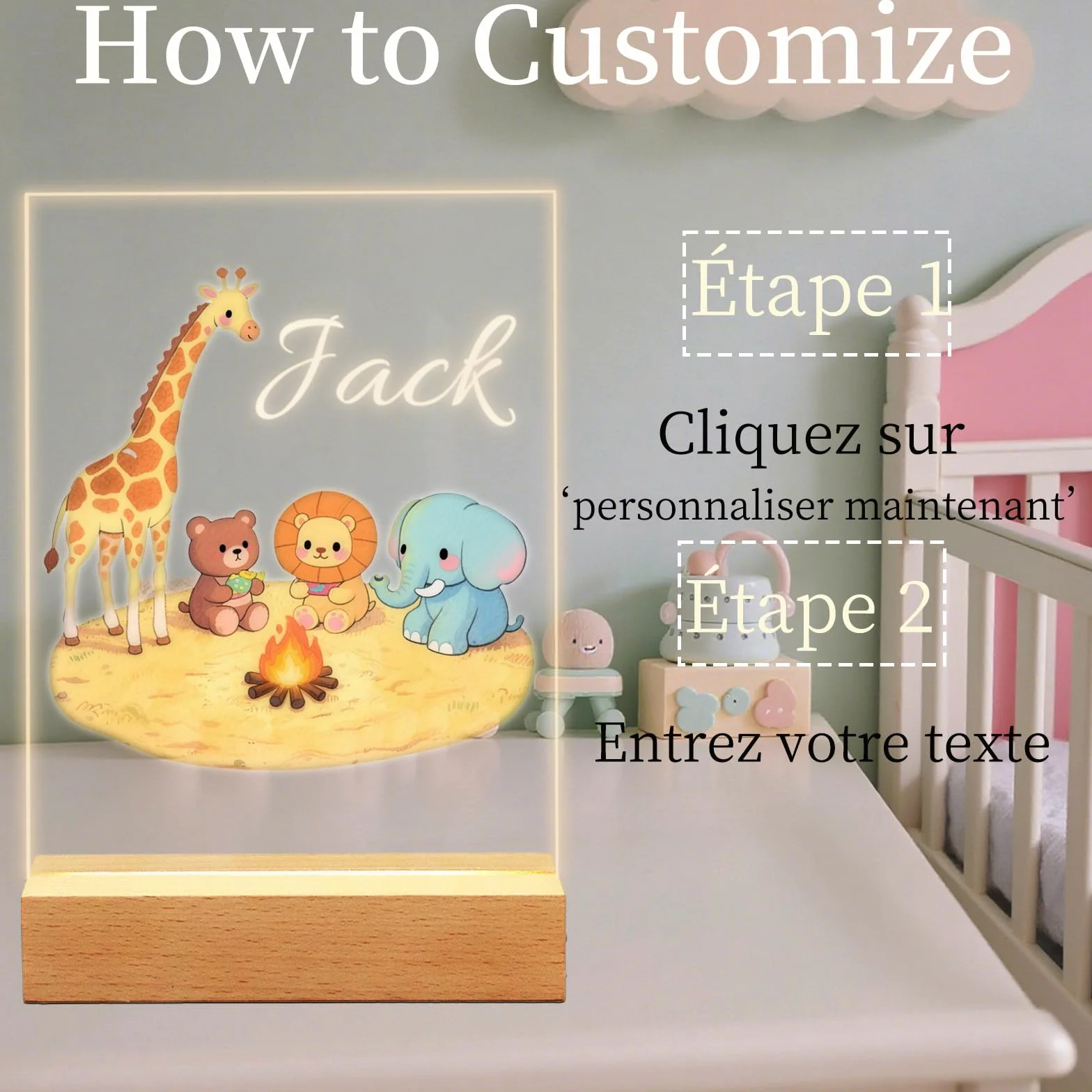 Lampe de Chevet Personnalisée pour Enfant, Cadeau Bébé, Souvenir de Baptême
