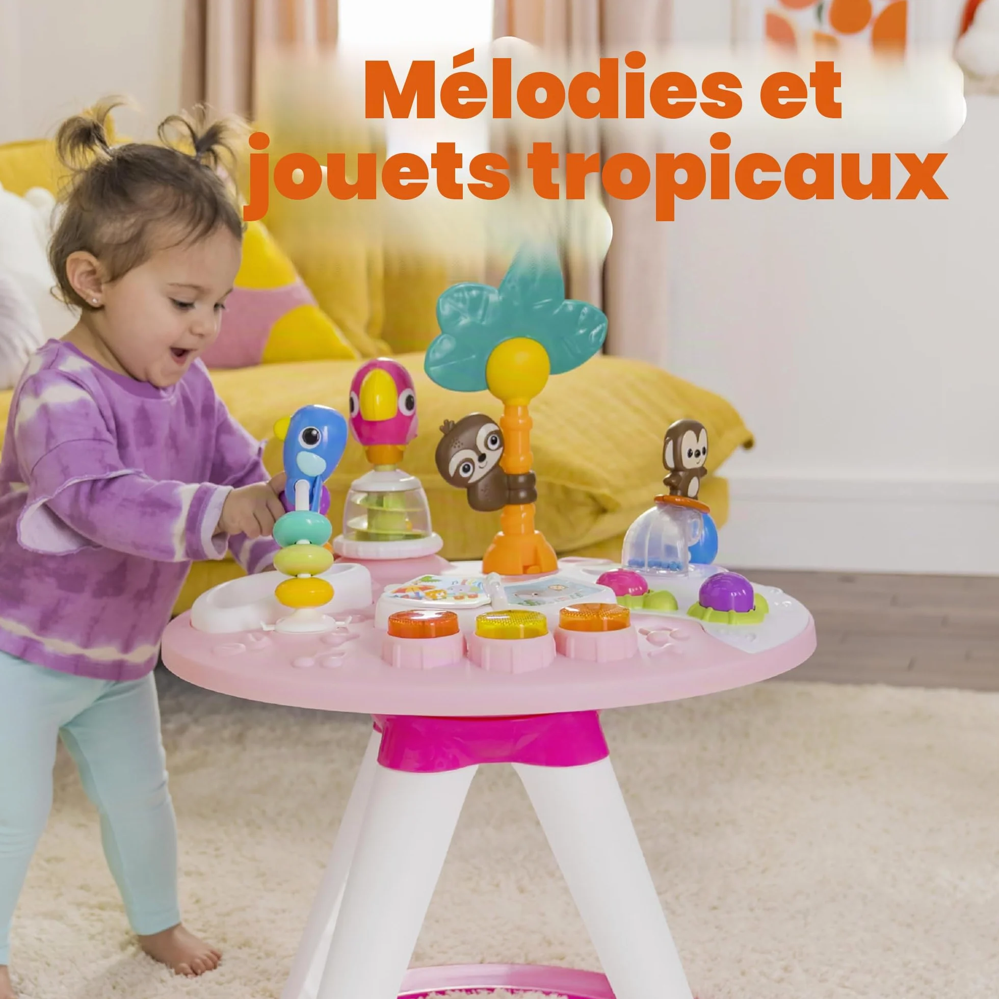 Bright Starts Table et Siège Tournant Centre d'Activités 2 en 1 Around We Go avec Sons et Lumières 10 Jouets Trotteur Musical Rose 6 Mois+