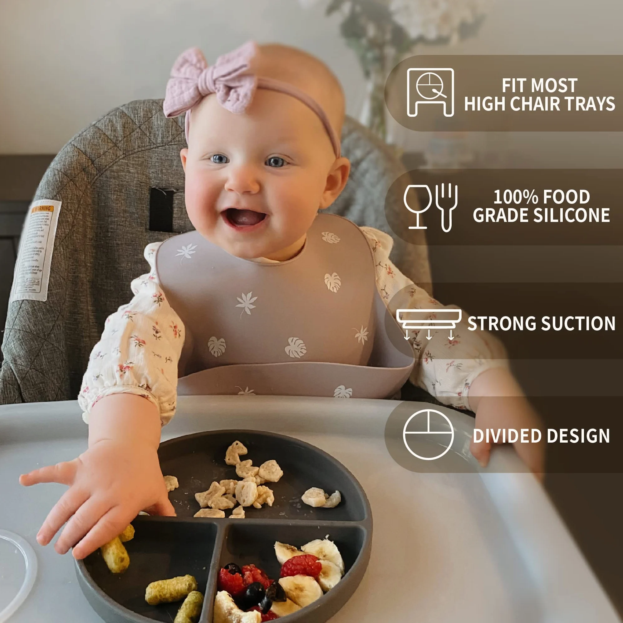 Moonkie Assiettes à Succion pour Bébés | Assiettes à Séparation en Silicone sans BPA avec Couvercle, Lavable au Micro-ondes