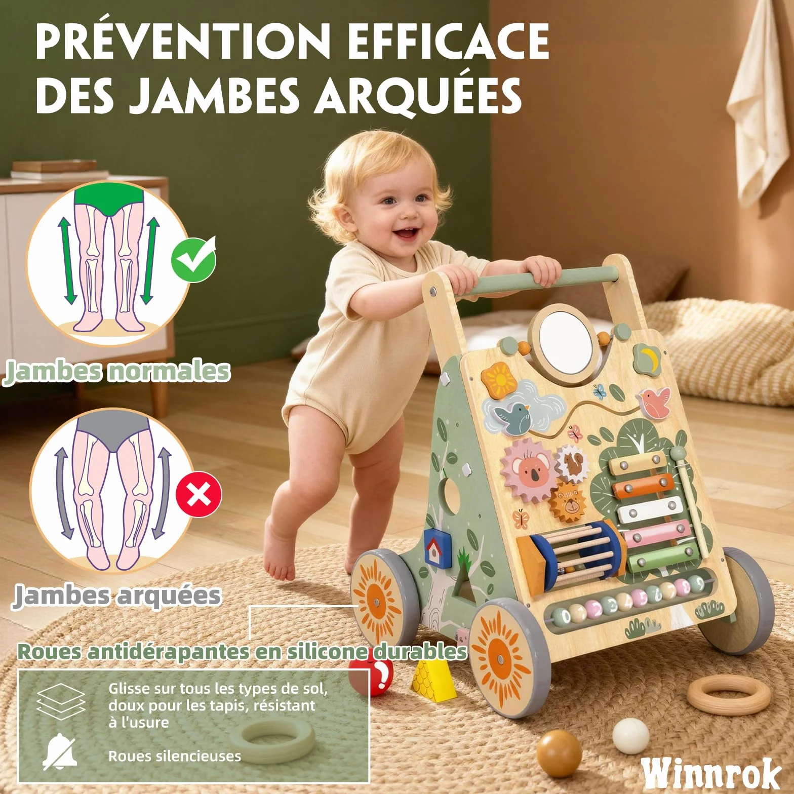 Chariot de Marche en Bois Montessori pour Bébé, Centre d'Activités, Trotteur Réglable 6-24 Mois