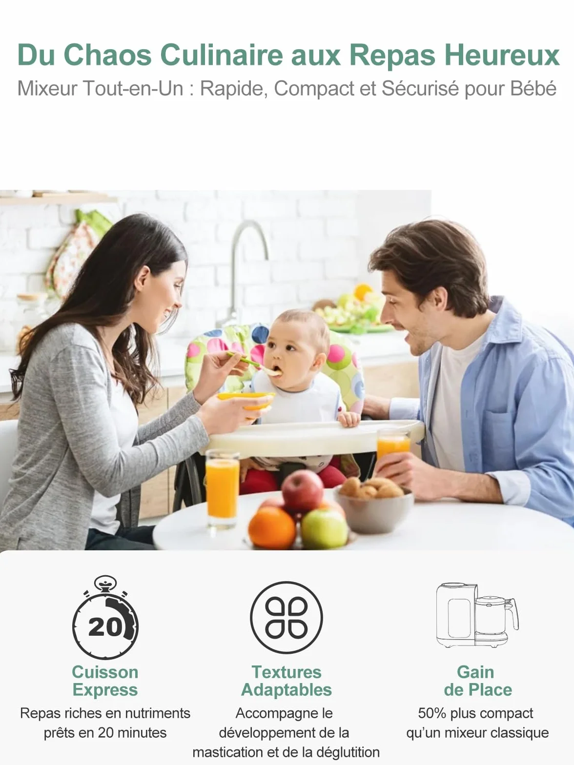 Robot Cuiseur Mixeur pour Bébés 6-en-1 Multifonctions Vapeur Autonettoyant