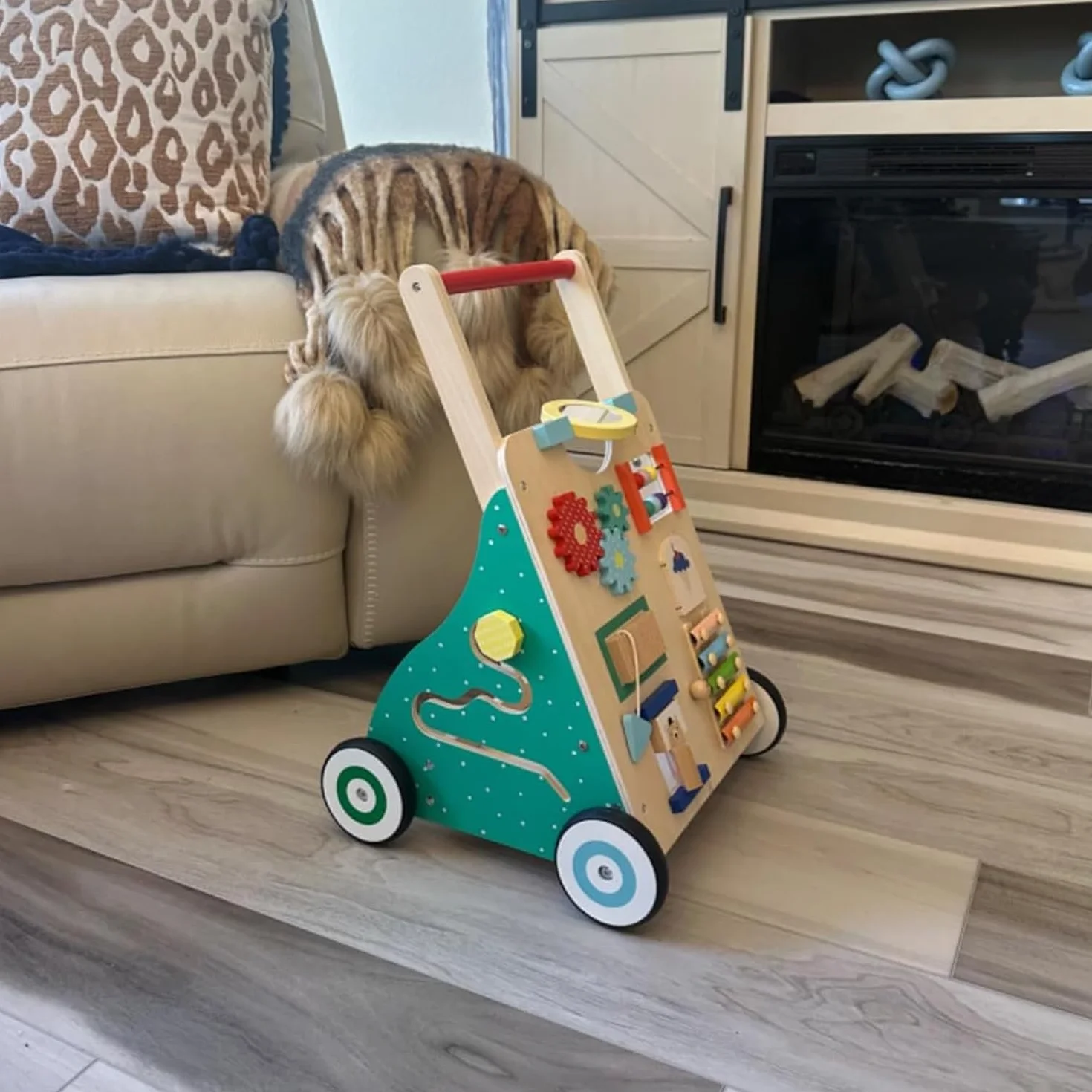 Chariot de Marche en Bois Bébé Trotteur pour Enfant Activité Cadeau Développement Garçons Filles 1-3 ans Multicolore