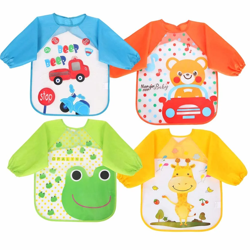 Vicloon Bavoirs à Manches Longues Imperméables 3pcs Enfant Bébé Tablier d'Alimentation Orange-Violet-Jaune