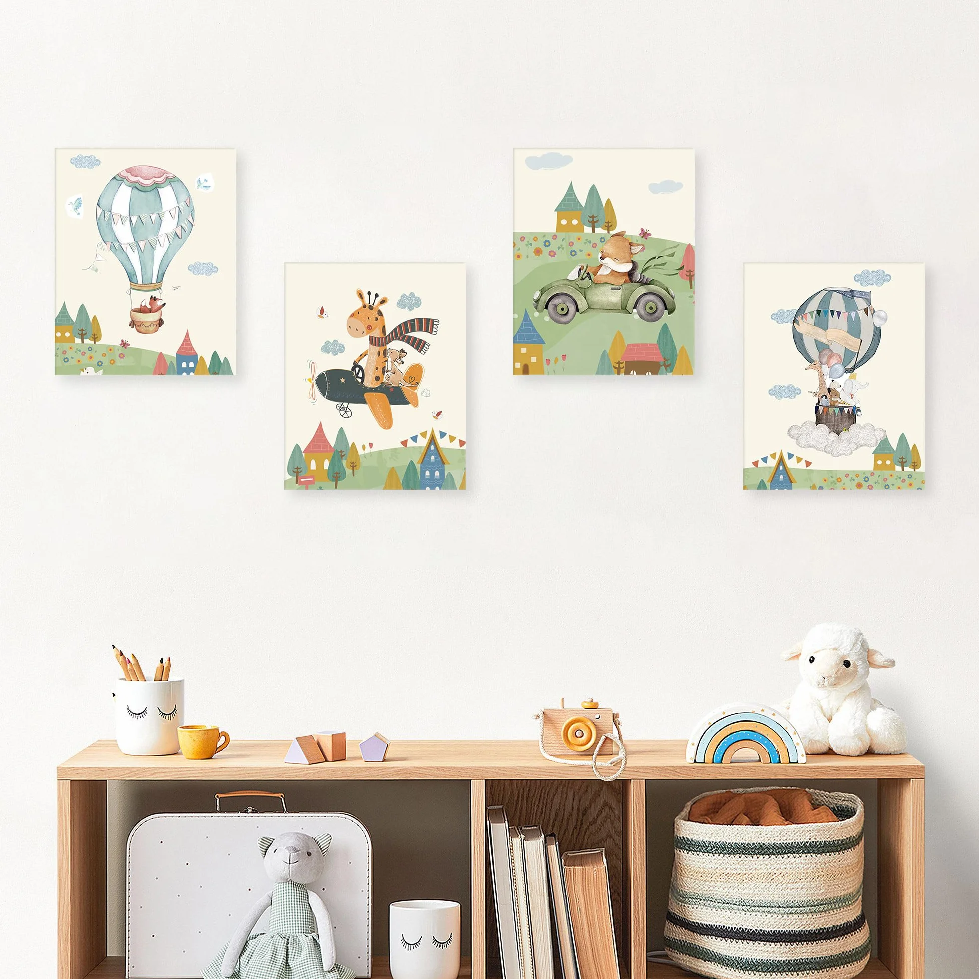 KAIRNE Lot de 4 posters animaux avec cadre 20x25 cm motifs avion montgolfière tableaux muraux chambre bébé