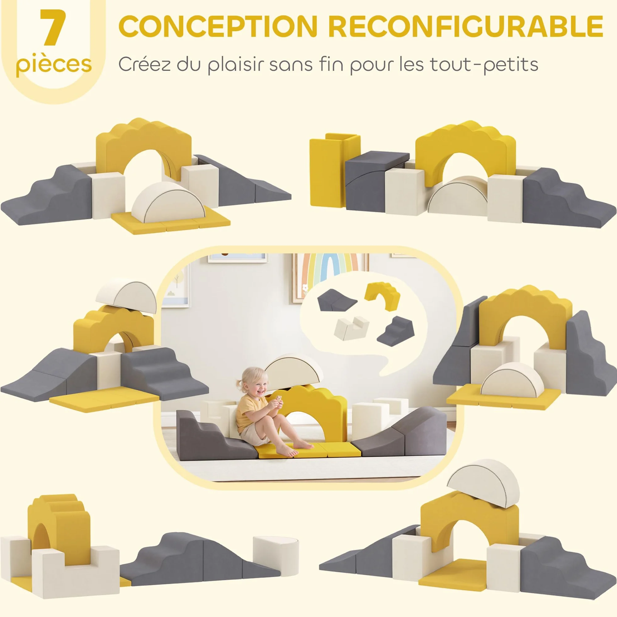 AIYAPLAY Parcours motricité bébé modulable, Blocs Mousse éducatifs 7 pièces, Housse Lavable Velours, Base antidérapante, Jeu intérieur Enfants 6 Mois-3 Ans, Jaune