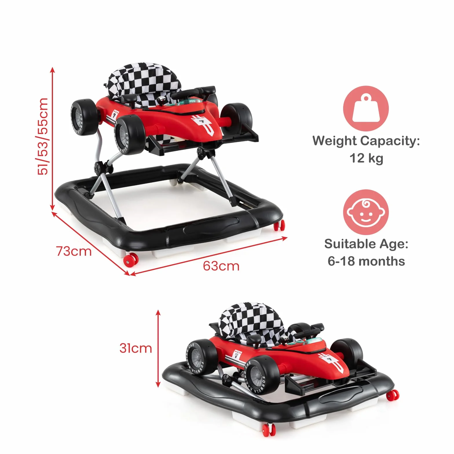 LIFEZEAL Trotteur Bébé Evolutif 4 en 1 Pliable avec Roues Universelles, Musique et Lumières, pour 6-18 Mois, Charge 12 kg