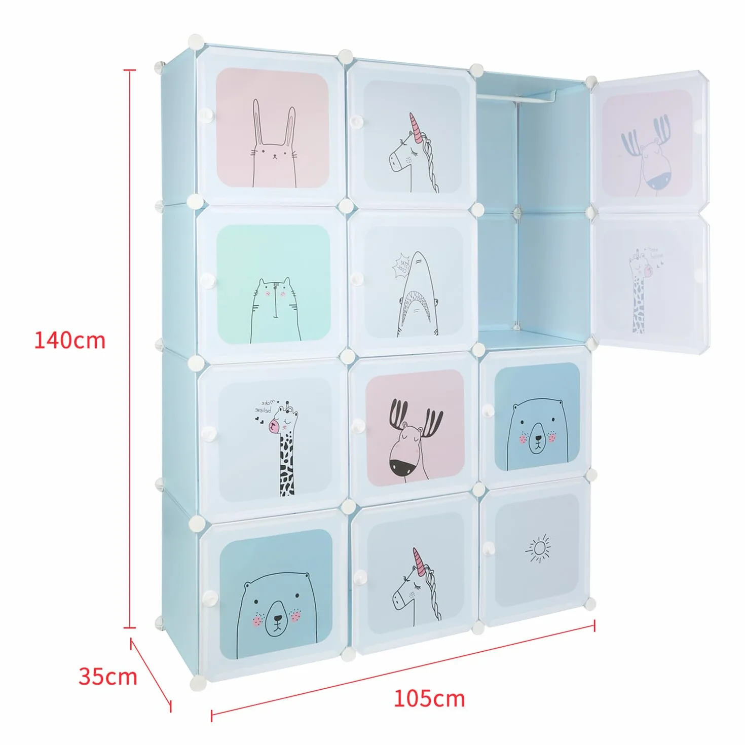 Armoire De Rangement Enfant 12 Cubes avec Portes, Meuble Cube pour Jouets, Vêtements, Chaussures Bleu 110x37x145cm
