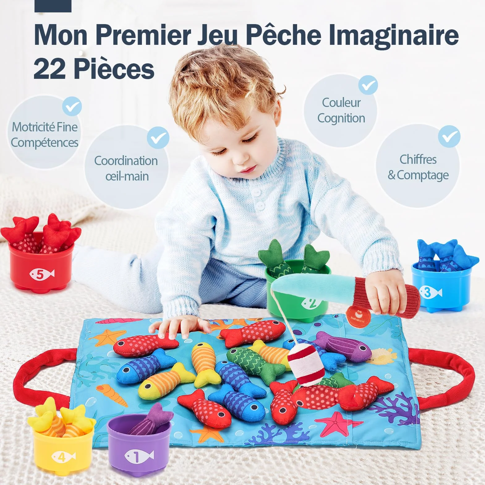 hahaland Jouet Bebe 1 an Jeux Montessori Pêche a la Ligne pour Enfant 1 2 3 Ans Jouet Éducatif Motricité Fine Cadeau Garcon Fille 6 9 12 18 Mois