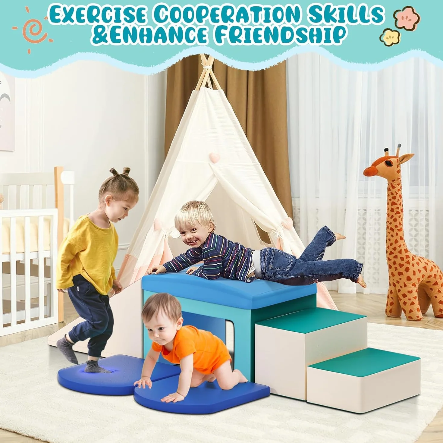 Blocs de construction en mousse pour enfants, 5 pièces souples antidérapants (bleu clair)