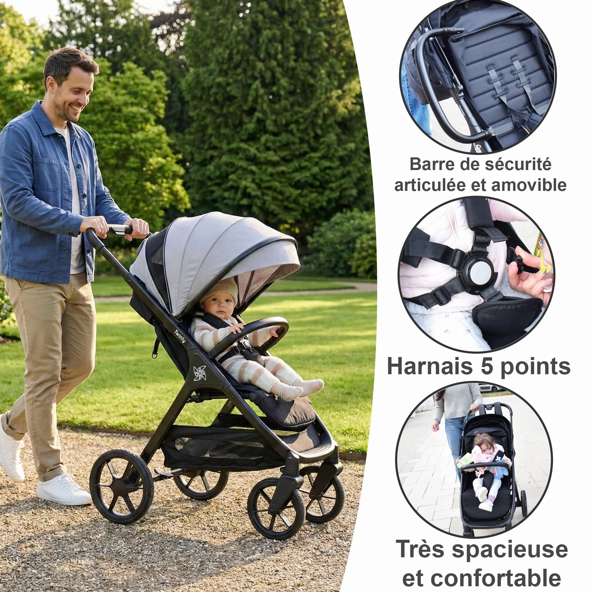Poussette Canne Compacte et Légère jusqu'à 25kg Dès la Naissance Siège Large Capote XXL UPF-50 Pliage d'une Main Grandes Roues Noir