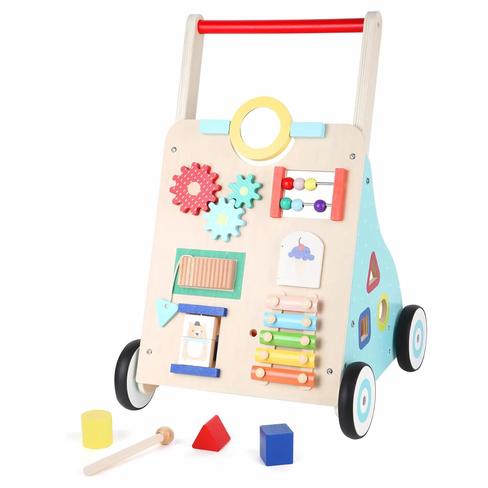 Chariot de Marche en Bois Bébé Trotteur pour Enfant Activité Cadeau Développement Garçons Filles 1-3 ans Multicolore