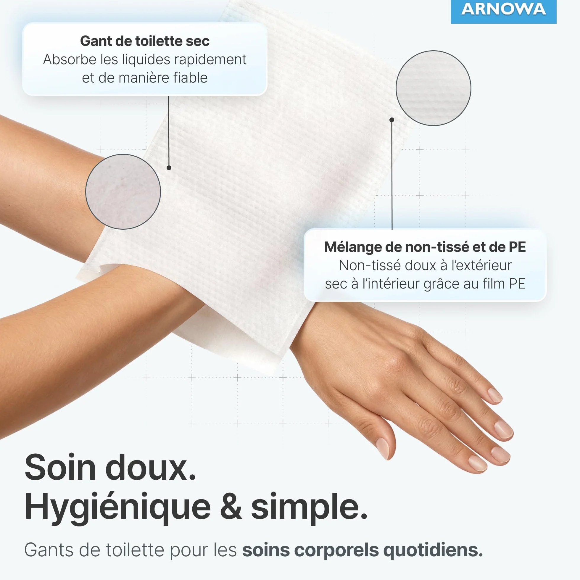 ARNOMED® Gant de Toilette Jetable en Molleton Hydrofuge pour Adultes & Bébés, 50 Pièces