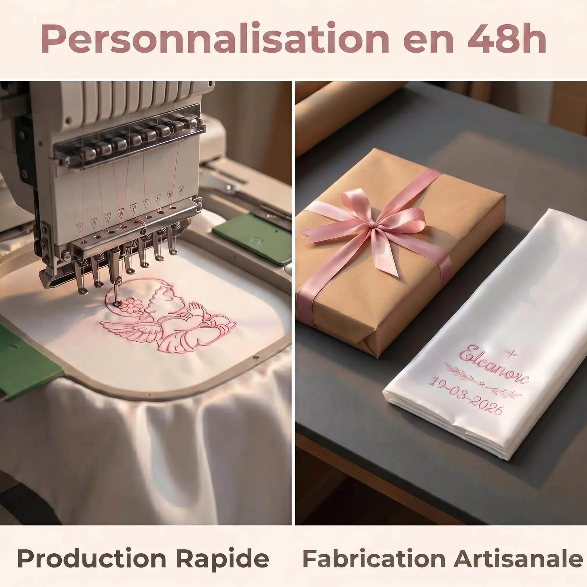 Écharpe de Baptême Personnalisée Enfant, Brodée Prénom et Date, Satin Blanc Ange ou Croix, Cadeau avec Coffret