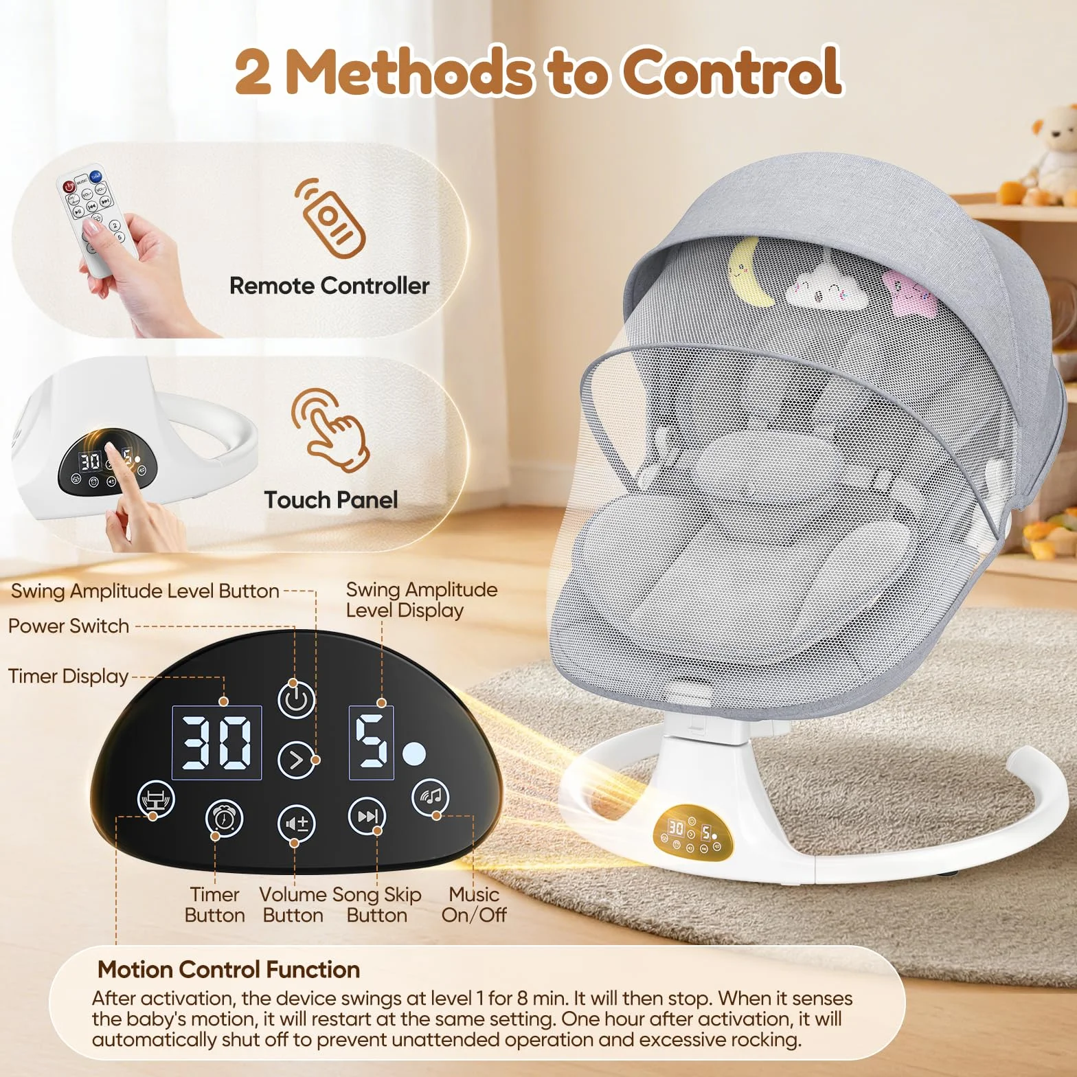 Balancelle Bébé Électrique Réglable avec Coussin Amovible, 5 Vitesses, 12 Mélodies, 3 Minuteries, Gris