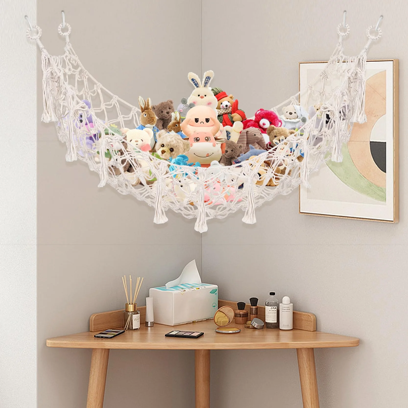 Hamac Carré en Macramé Bohème pour Animaux en Peluche, Filet de Rangement Mural en Coton, Blanc