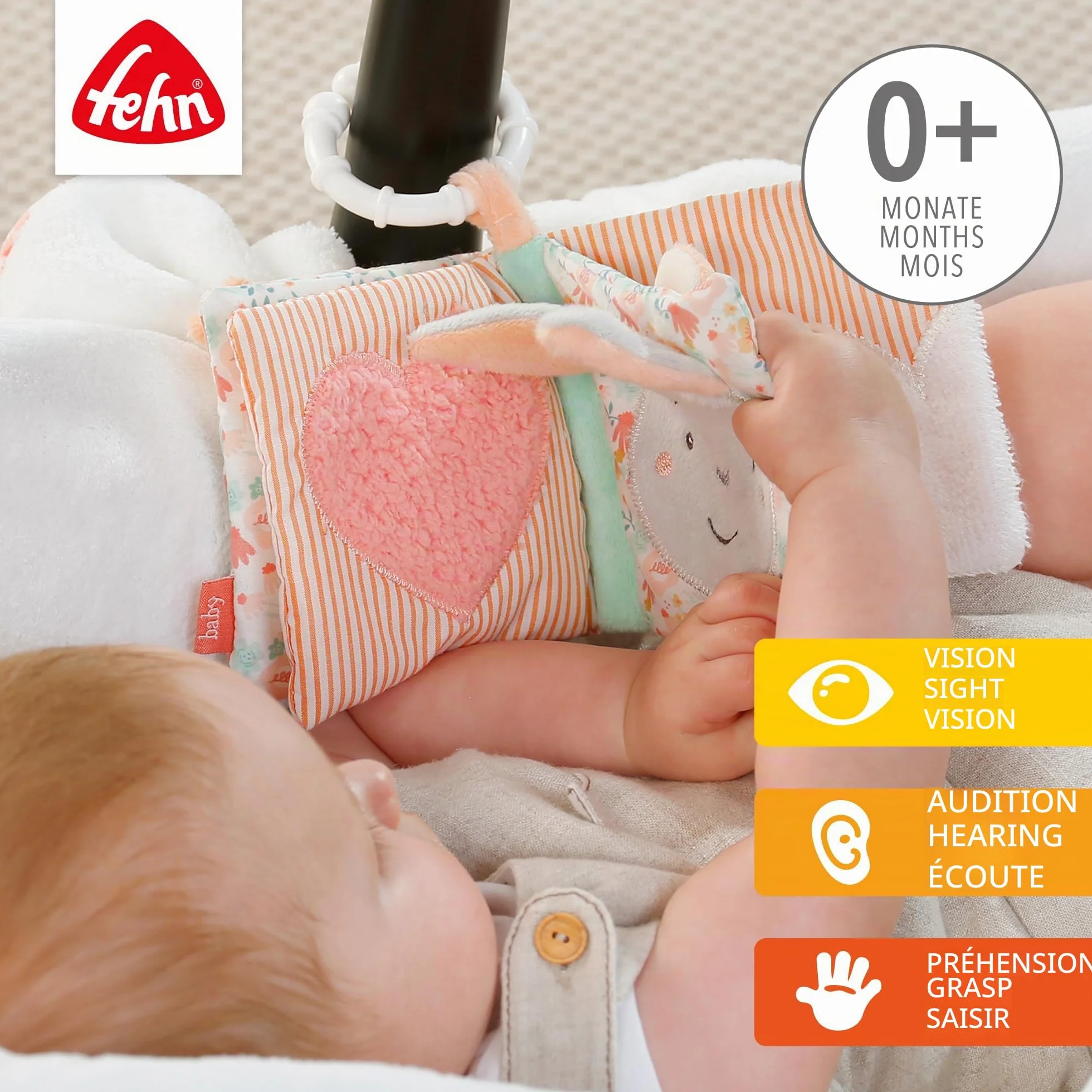 Fehn livre en tissu Lac des cygnes - Livre tactile motifs animaux - Jouet suspendre poussette siège auto bébé dès naissance