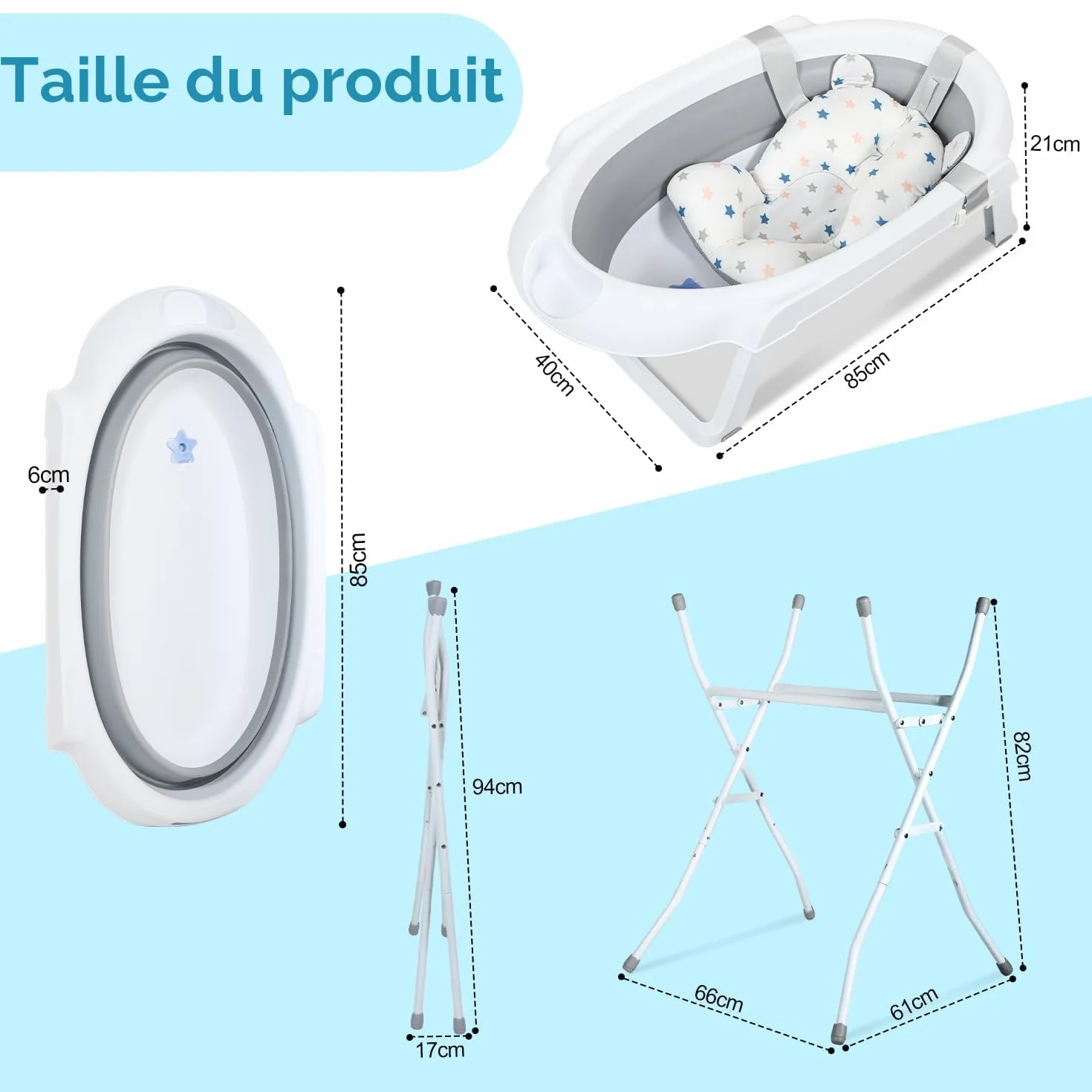 Baignoire pliable pour nouveau-nés et tout-petits avec support antidérapant et tapis de bain, gris