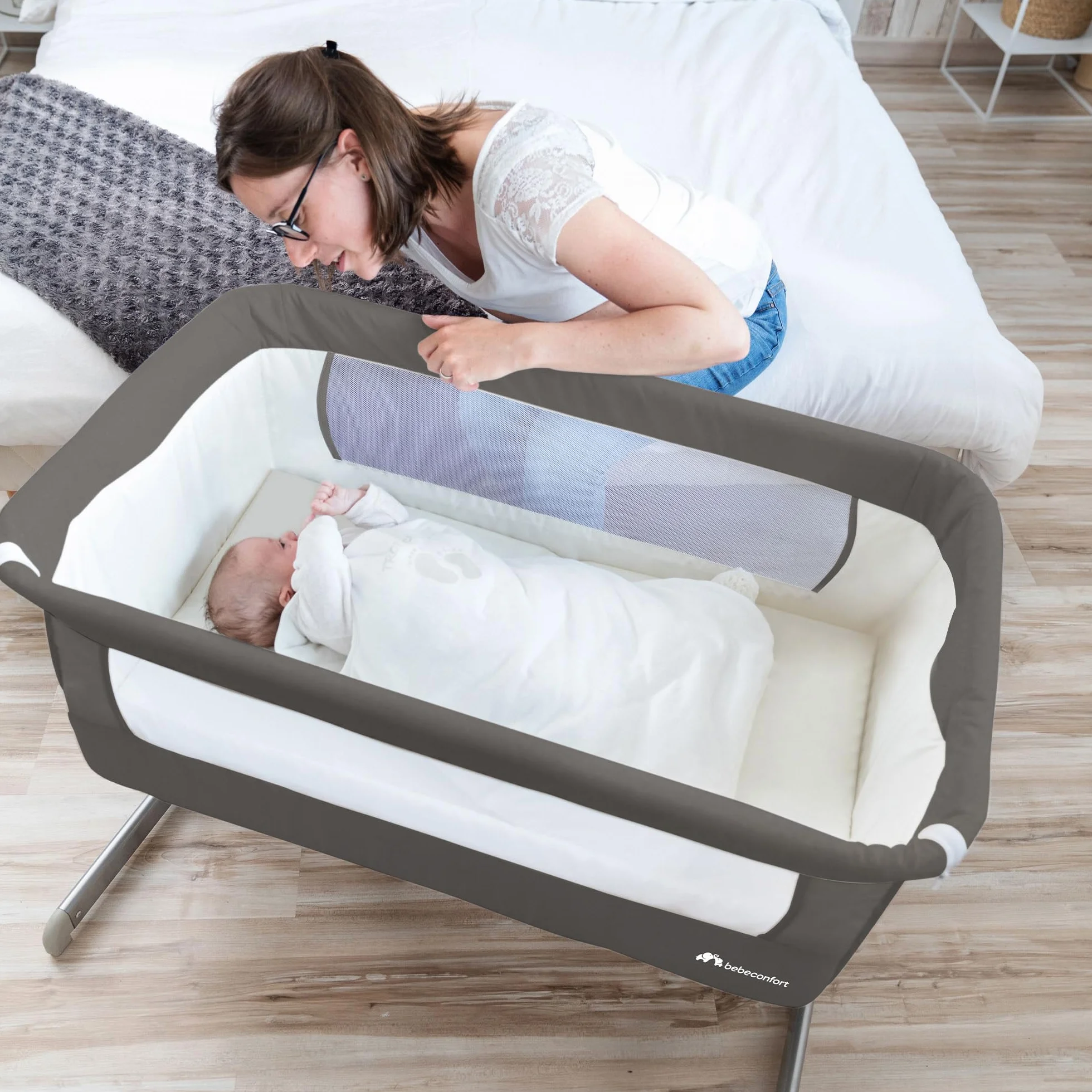 Bebeconfort Calidoo Lit Cododo Bébé Berceau 2-en-1 0-6 mois 0-9 kg Inclinable 5 Hauteurs Grand Matelas Rembourré Côtés Filet Gris Gris