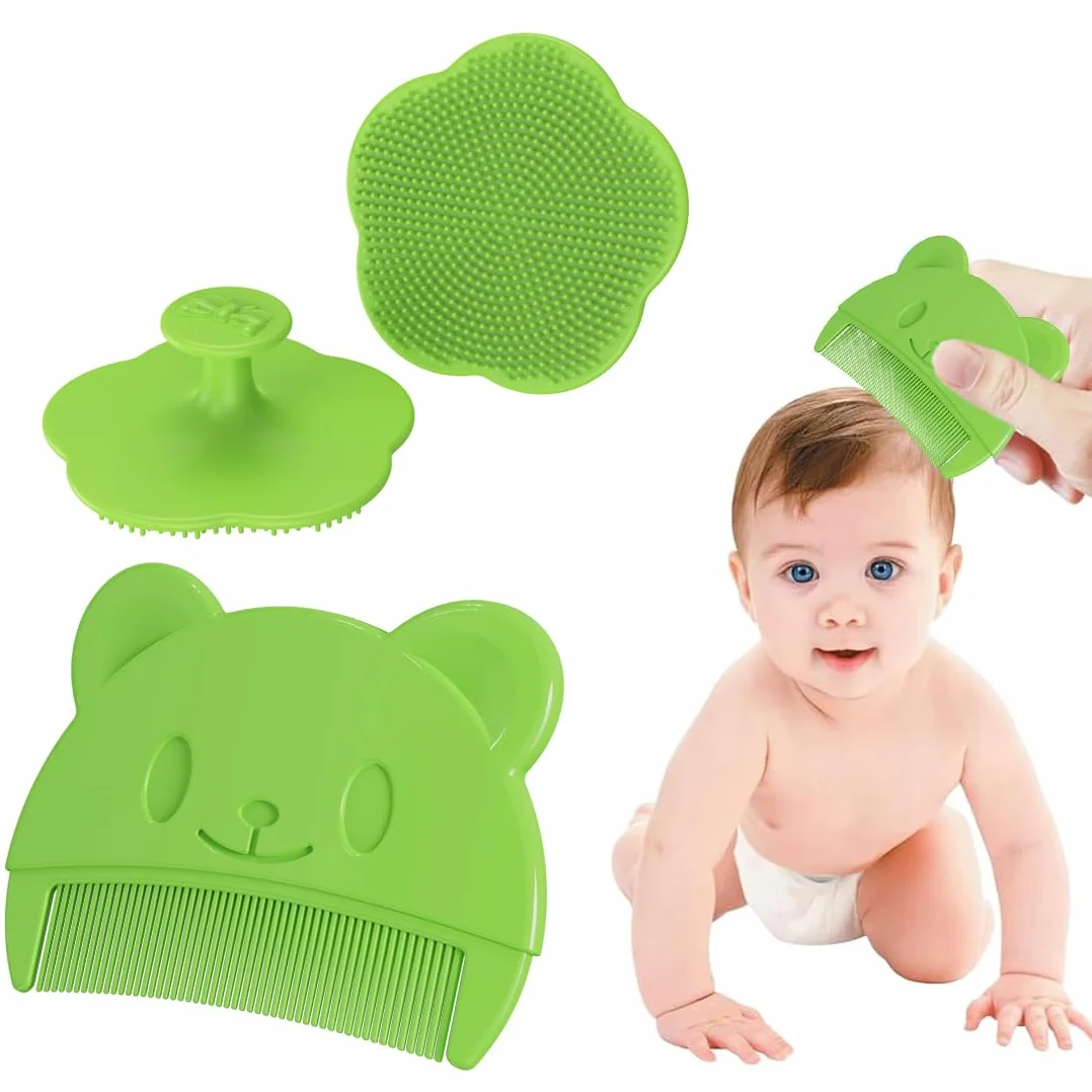 Brosse et peigne pour croûtes de lait bébé - Brosse en silicone doux avec poils sensoriels (Vert)