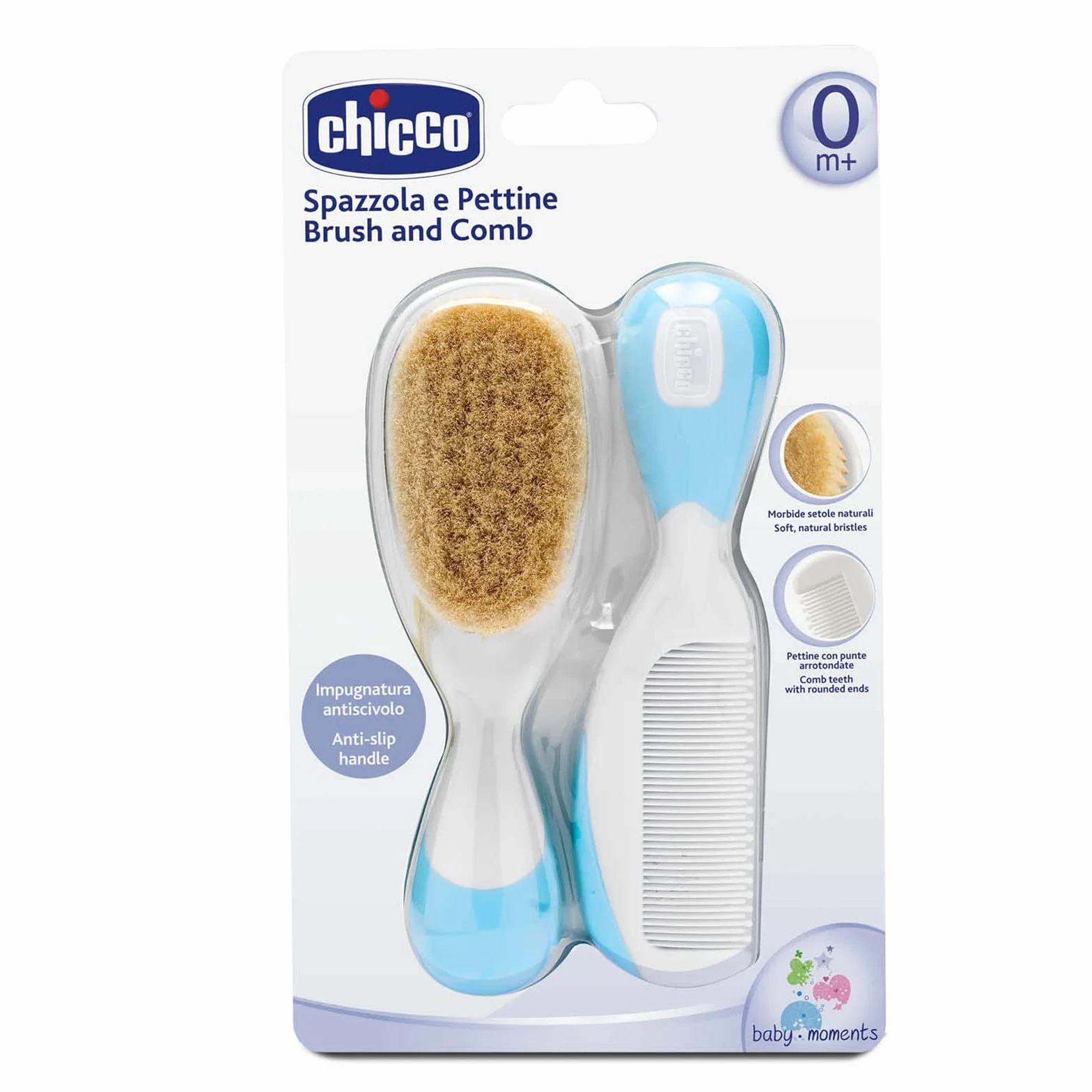 Chicco Ensemble Brosse à Cheveux et Peigne pour Bébé, Poils Naturels Doux, Bouts Arrondis, Antidérapant, Bleu