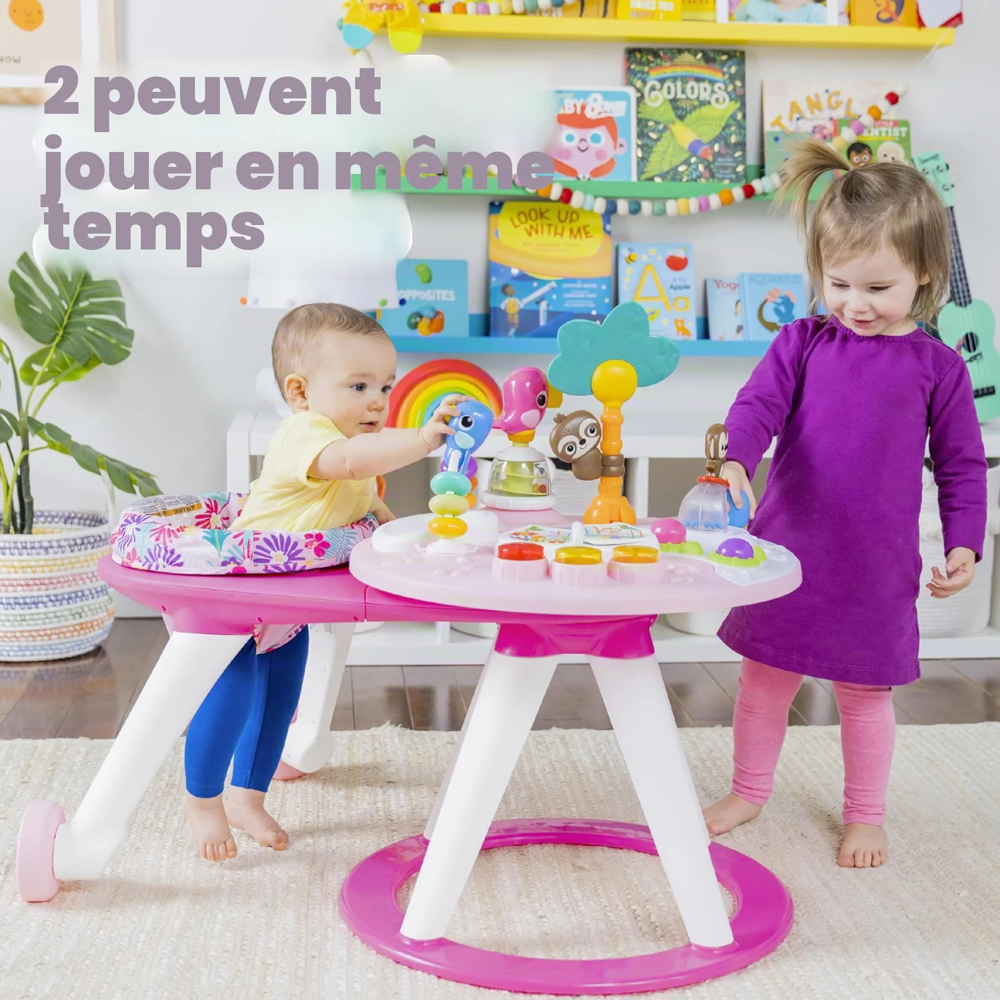 Bright Starts Table et Siège Tournant Centre d'Activités 2 en 1 Around We Go avec Sons et Lumières 10 Jouets Trotteur Musical Rose 6 Mois+
