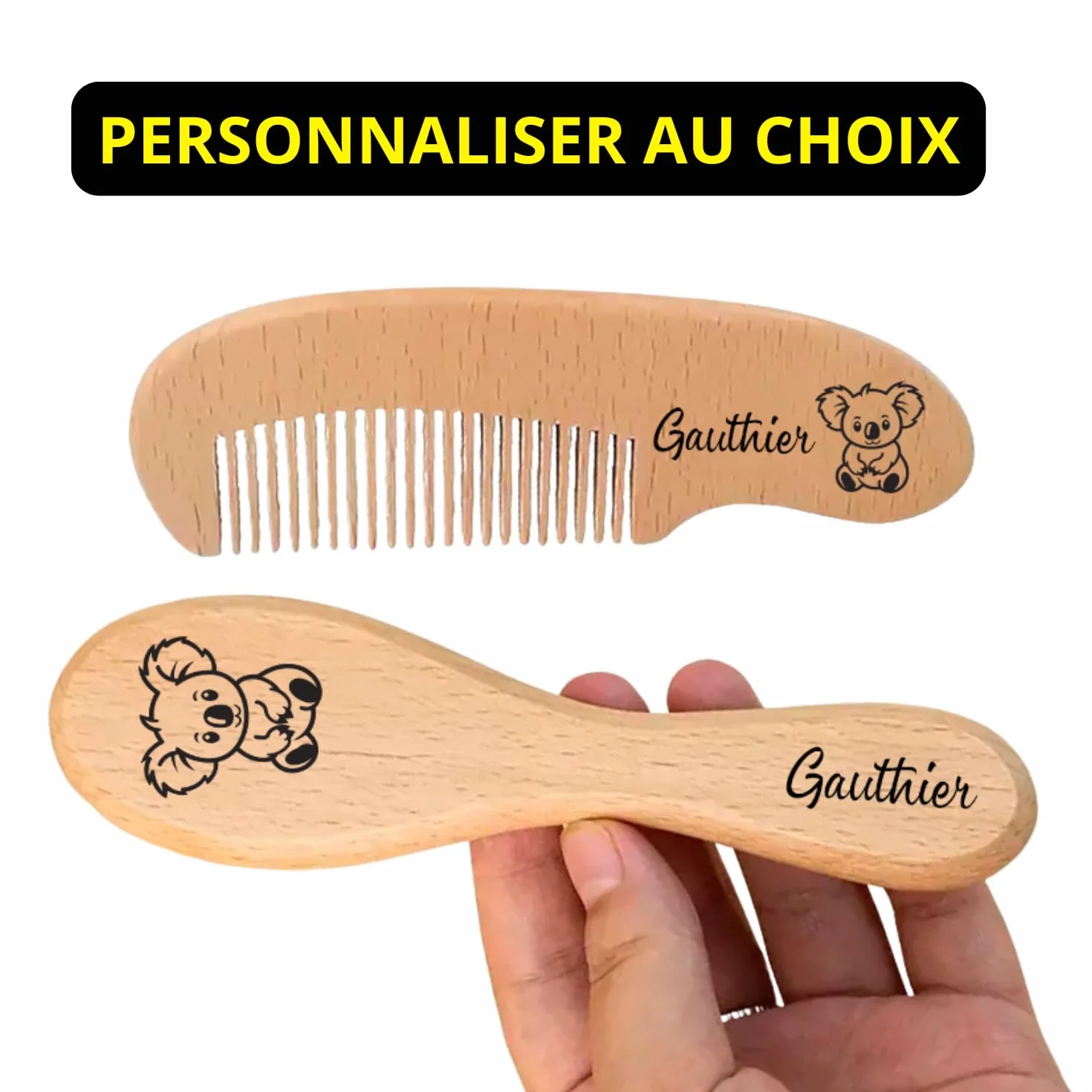 Peigne et Brosse à Cheveux pour Bébé en Laine et Bois Personnalisé, Accessoires de Soin Nouveau-né