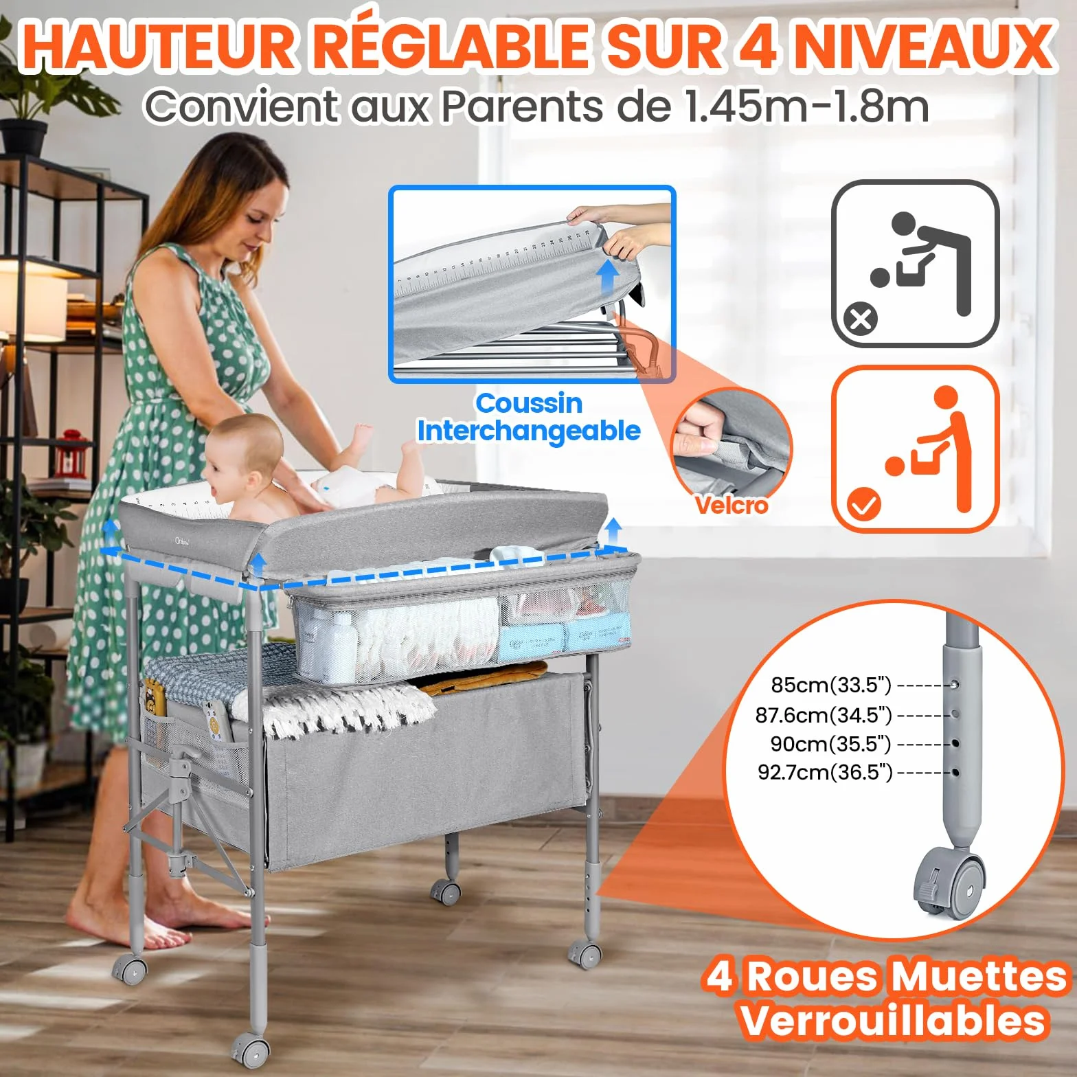 Table à Langer Bébé Pliable avec Tiroir et Veilleuse, Hauteur Réglable, Gris