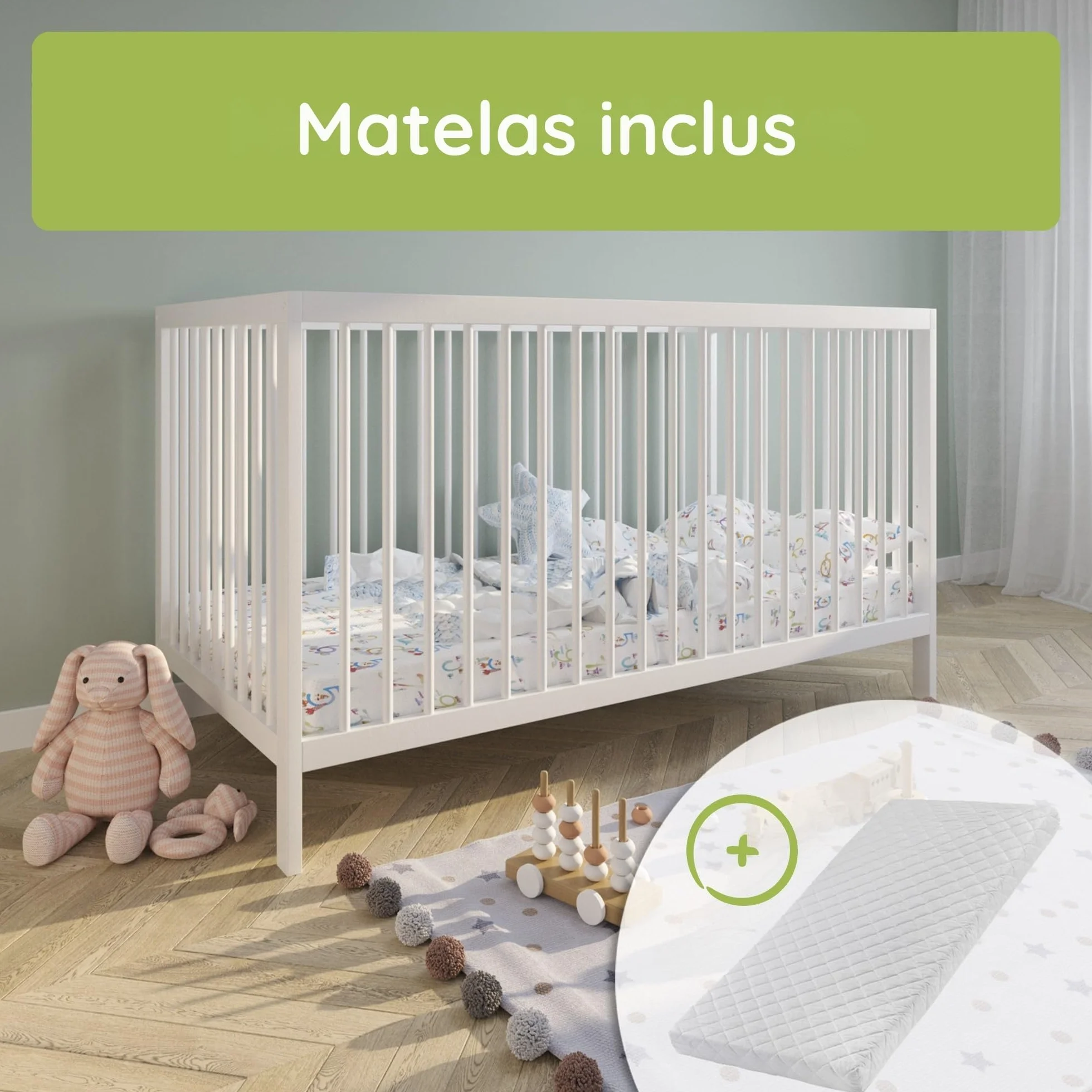 Kids Collective Lit bébé évolutif 60x120 70x140 cm Matelas Sommier hêtre Massif Blanc