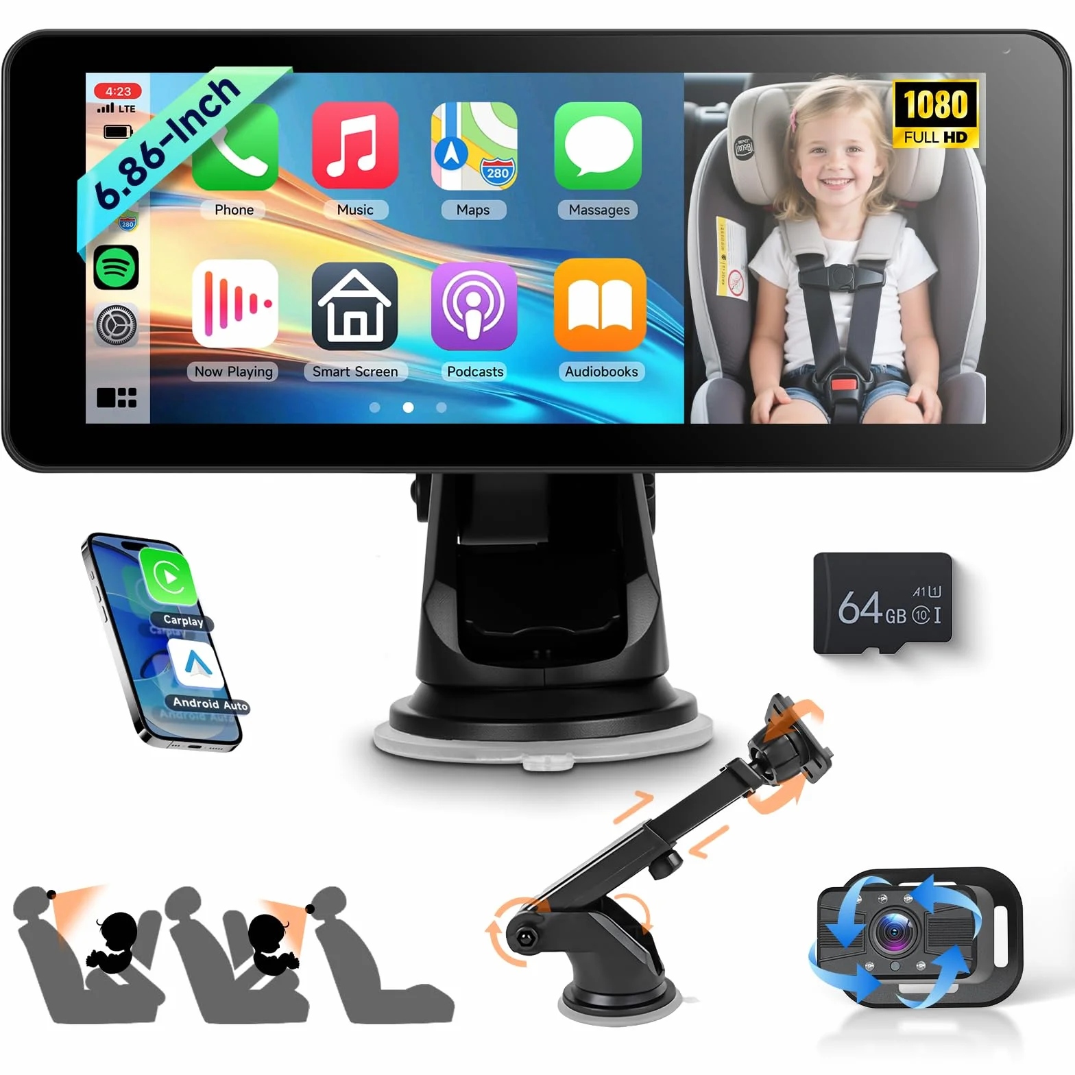 VECHTEL Camera Voiture bébé 2 enfants écran partagé 6,86 pouces HD 720P vision nocturne rotative 360° support ventouse