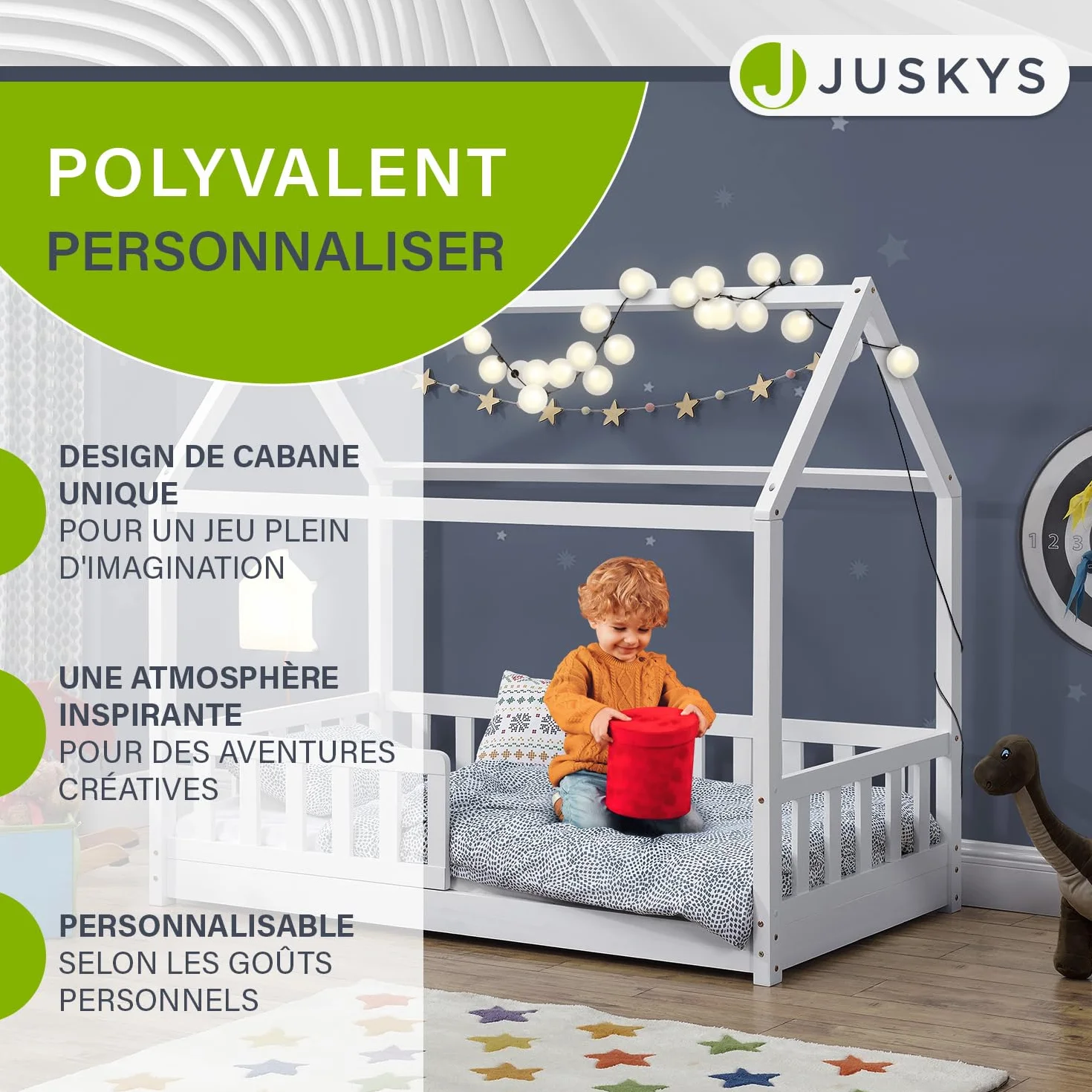 Juskys Lit Cabane Enfant Marli 80x160 cm Bois Massif Blanc avec Protection Antichute