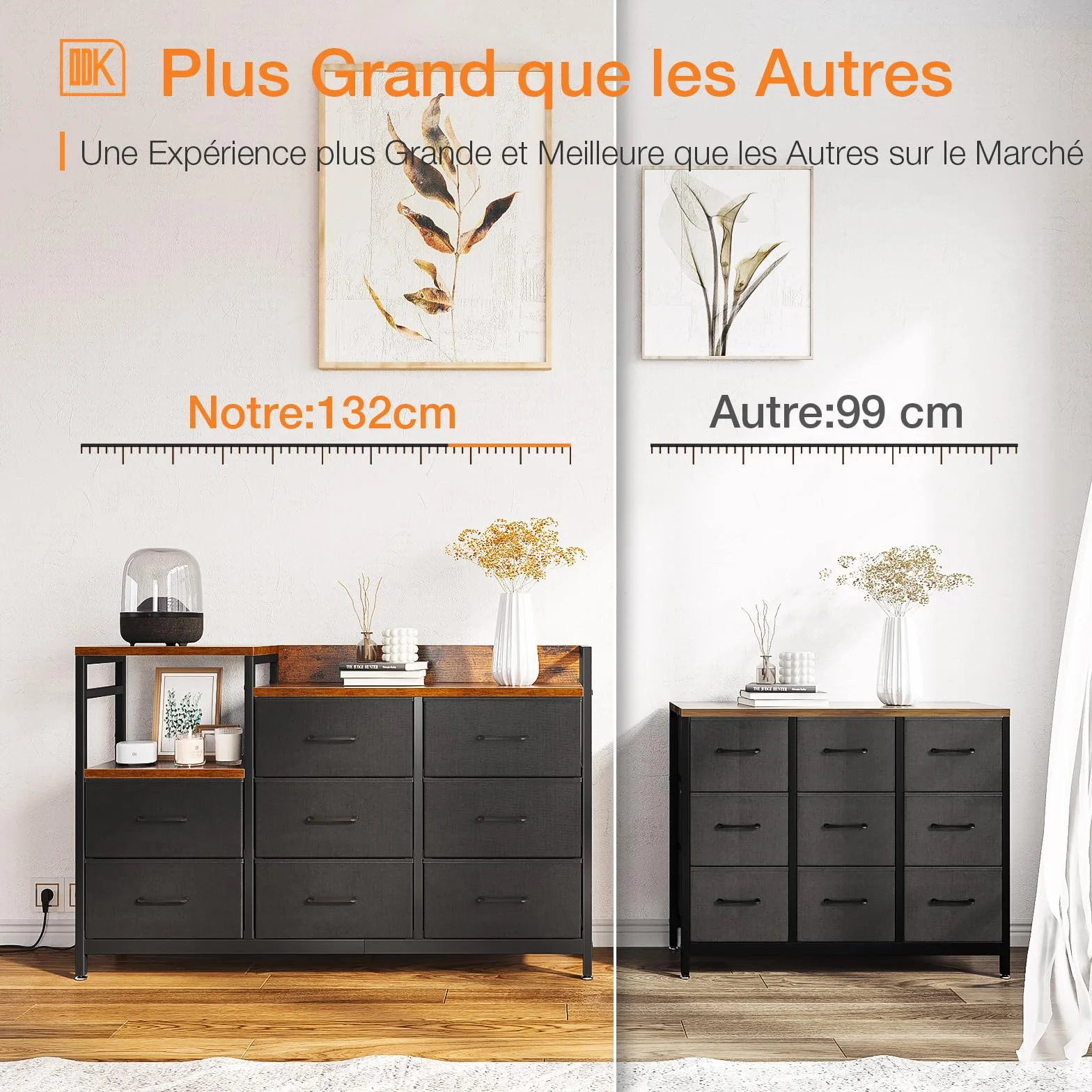 ODK Commode Chambre 2 Ports USB 2 Ports AC Armoire à tiroirs 132x30x88 cm Vintage Noir