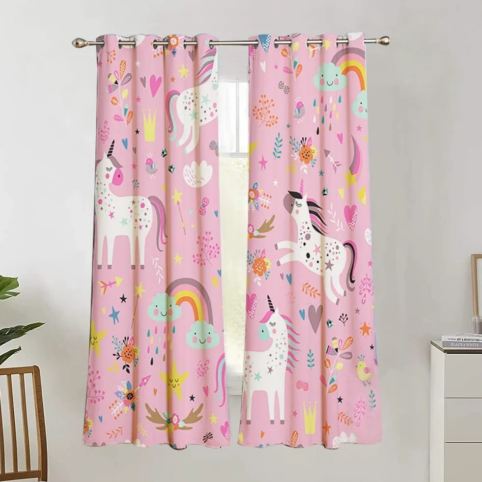 Rideaux Enfants Licorne Étoiles Rose Œillets 160×107 cm Chambre Fille