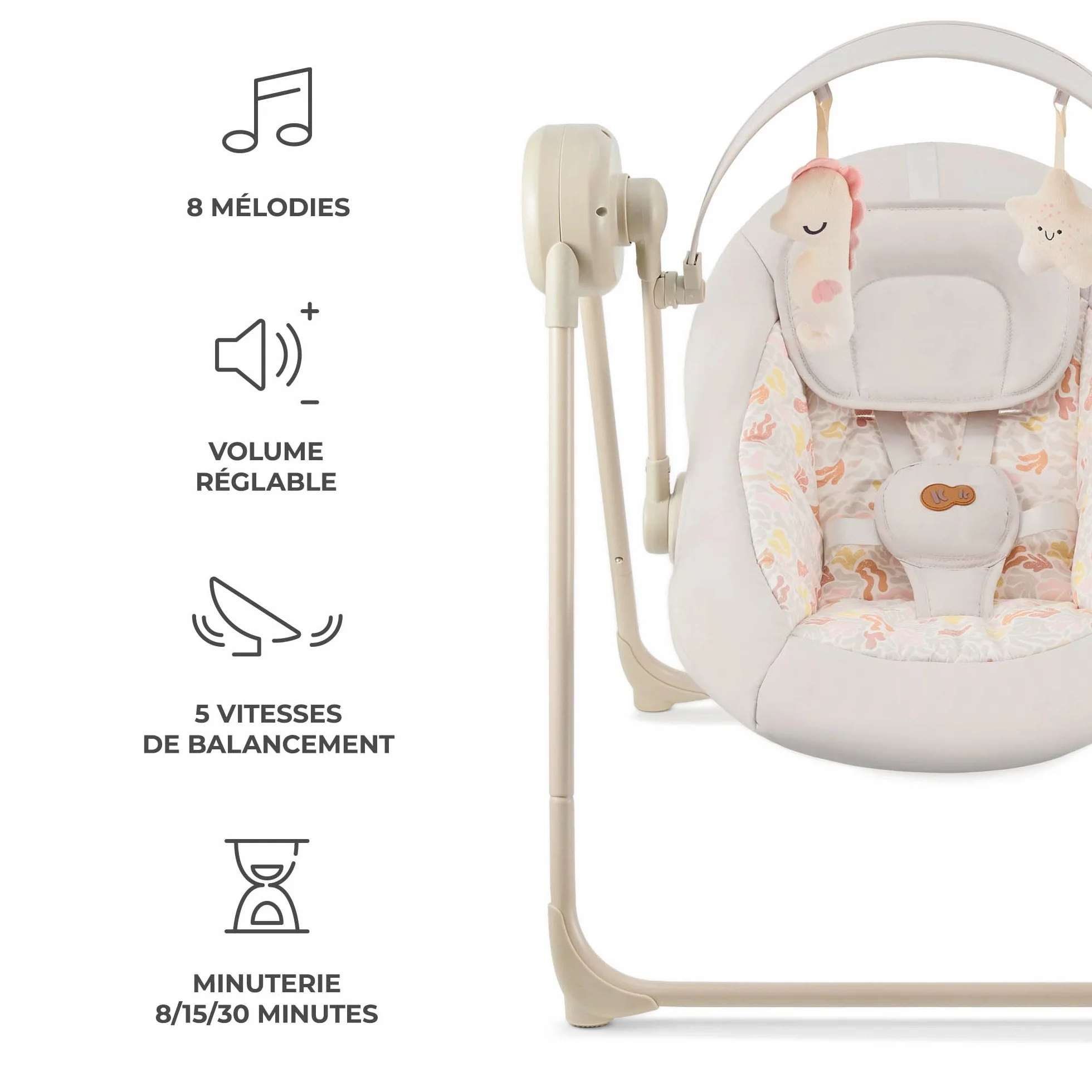 Kinderkraft SWINGEE Transat bébé balancelle dossier réglable 8 mélodies apaisantes berceau pliable Beige