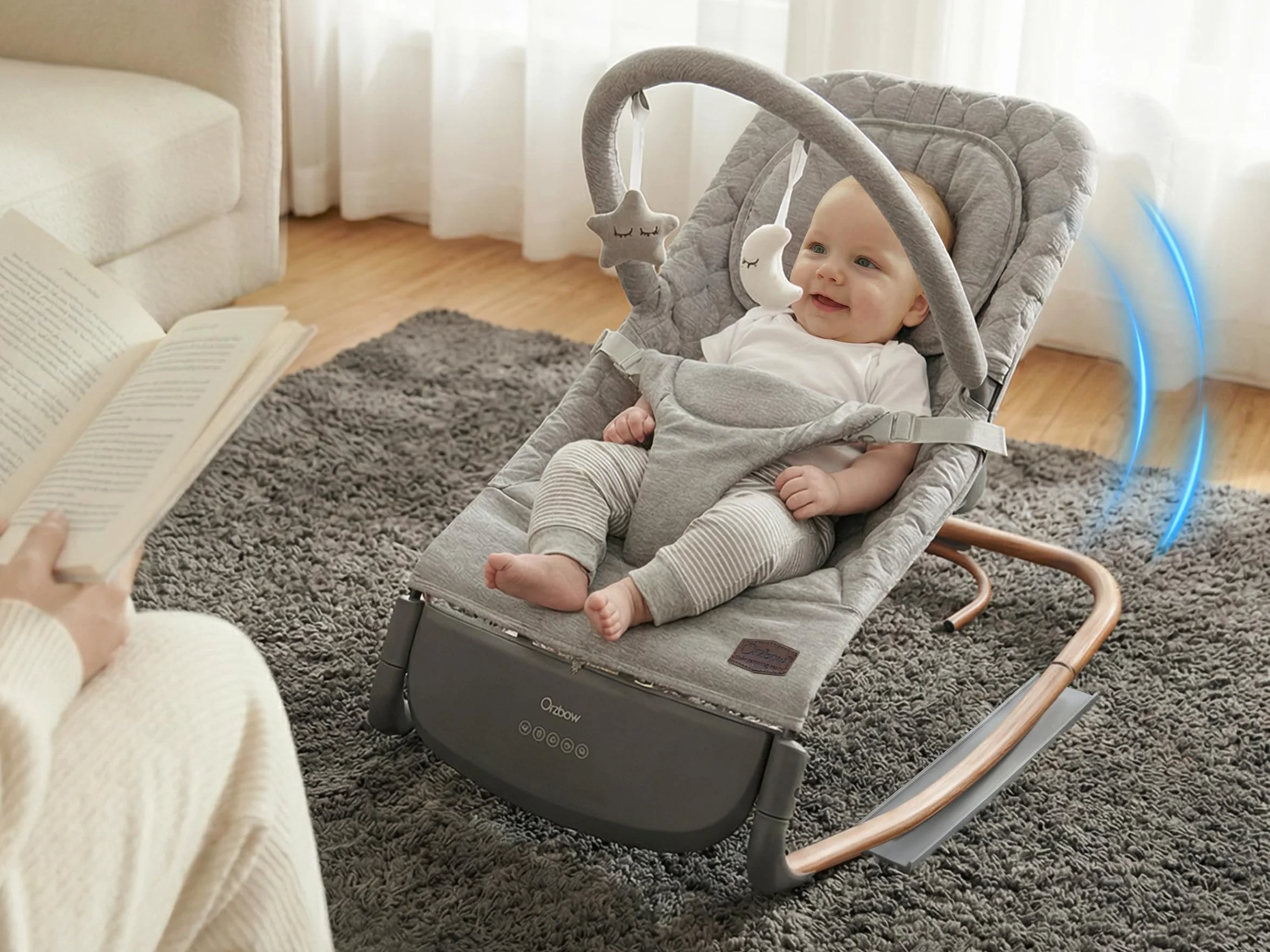 Balancelle Bebe Electrique Evolutif avec Capteur de Tapotement, 3 Vitesses, Panneau Tactile, 2 Modes Minuterie, 8 Berceuses, 0-12 Mois, 18 kg, Gris Perle