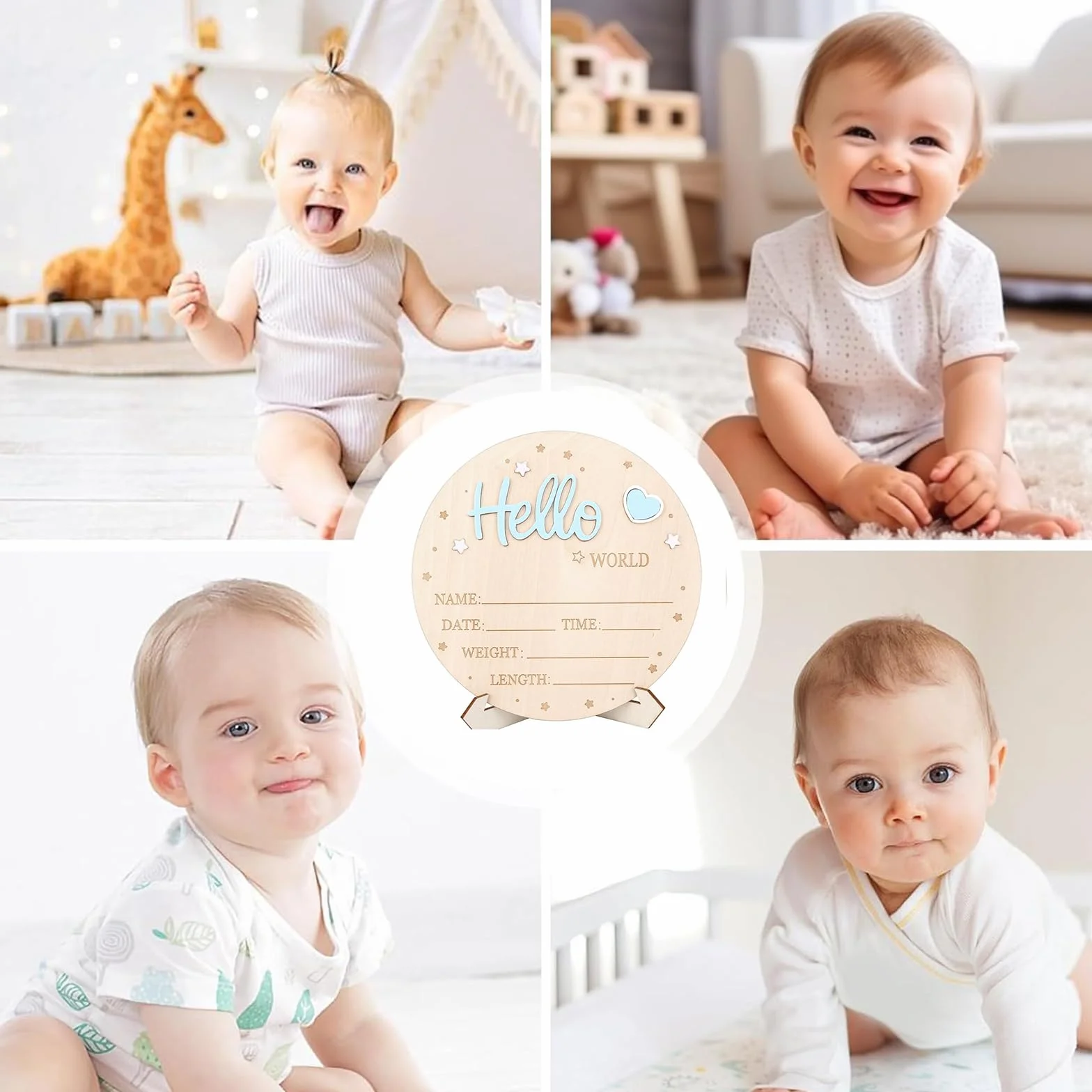 Plaque Annonce Bébé « Bonjour Monde » en Bois Bleu, Carte du Monde pour Pronostic de Naissance, Décoration Chambre Bébé