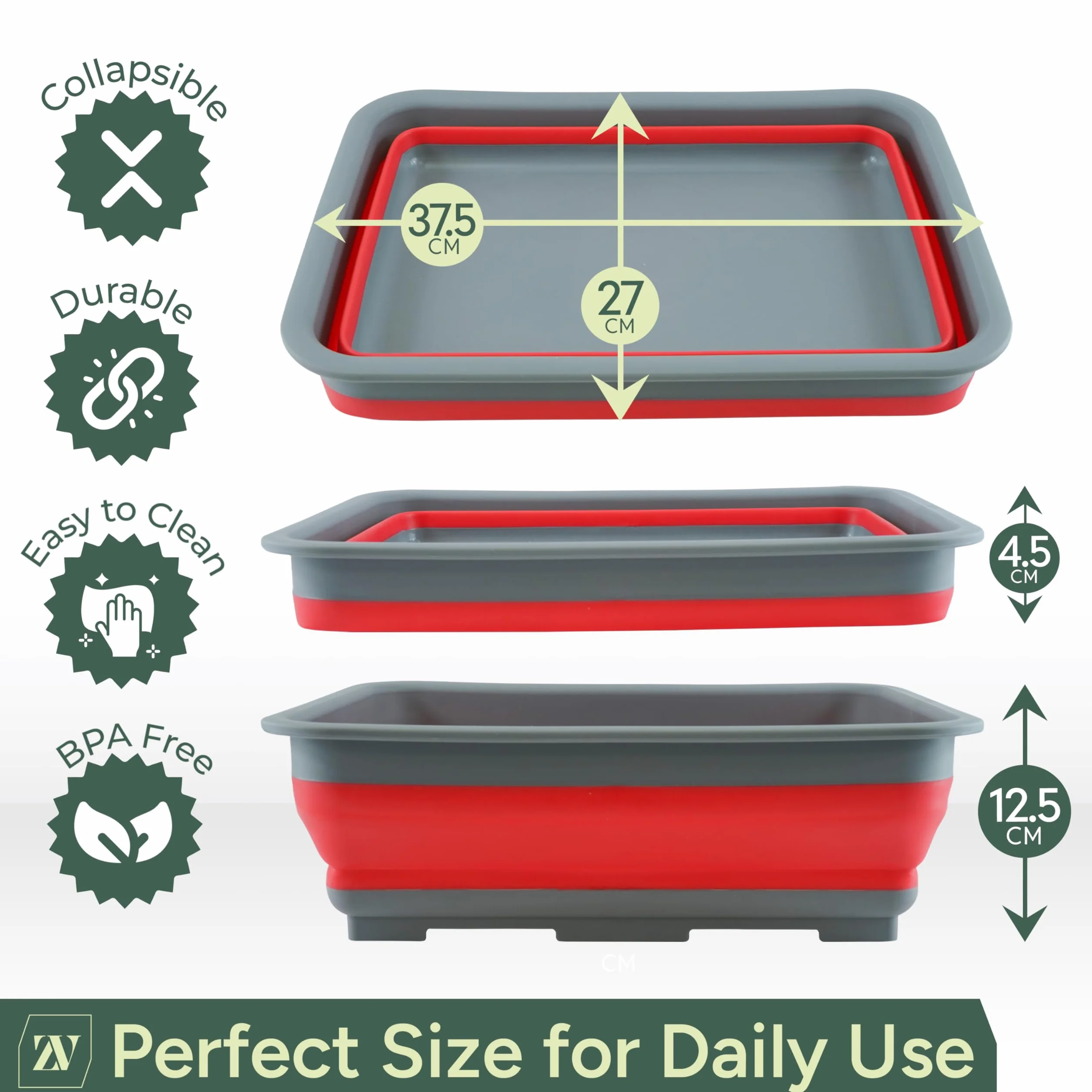 Zuvo Bassine Pliable 10L – Bassine de Vaisselle Pliable Portable Récipient Rectangulaire Gain de Place Cuisine Camping Caravaning Extérieur Rouge Gris