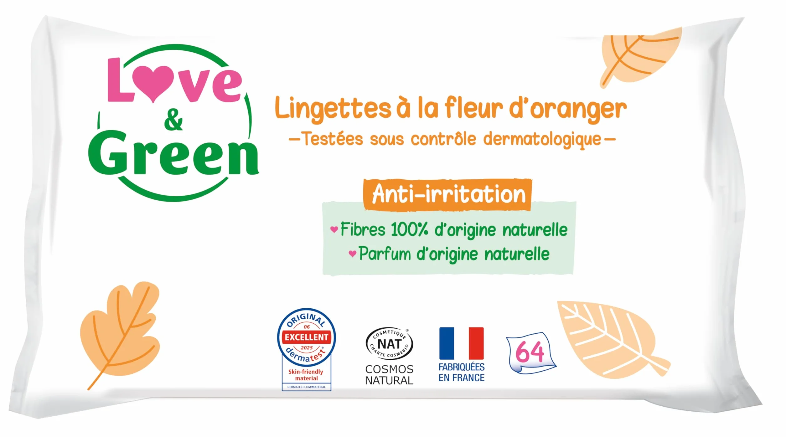 Love & Green Lingettes à la Fleur d'Oranger 64 Pièces Certifiées Cosmo Natural ECOCERT FSC Emballage Recyclable
